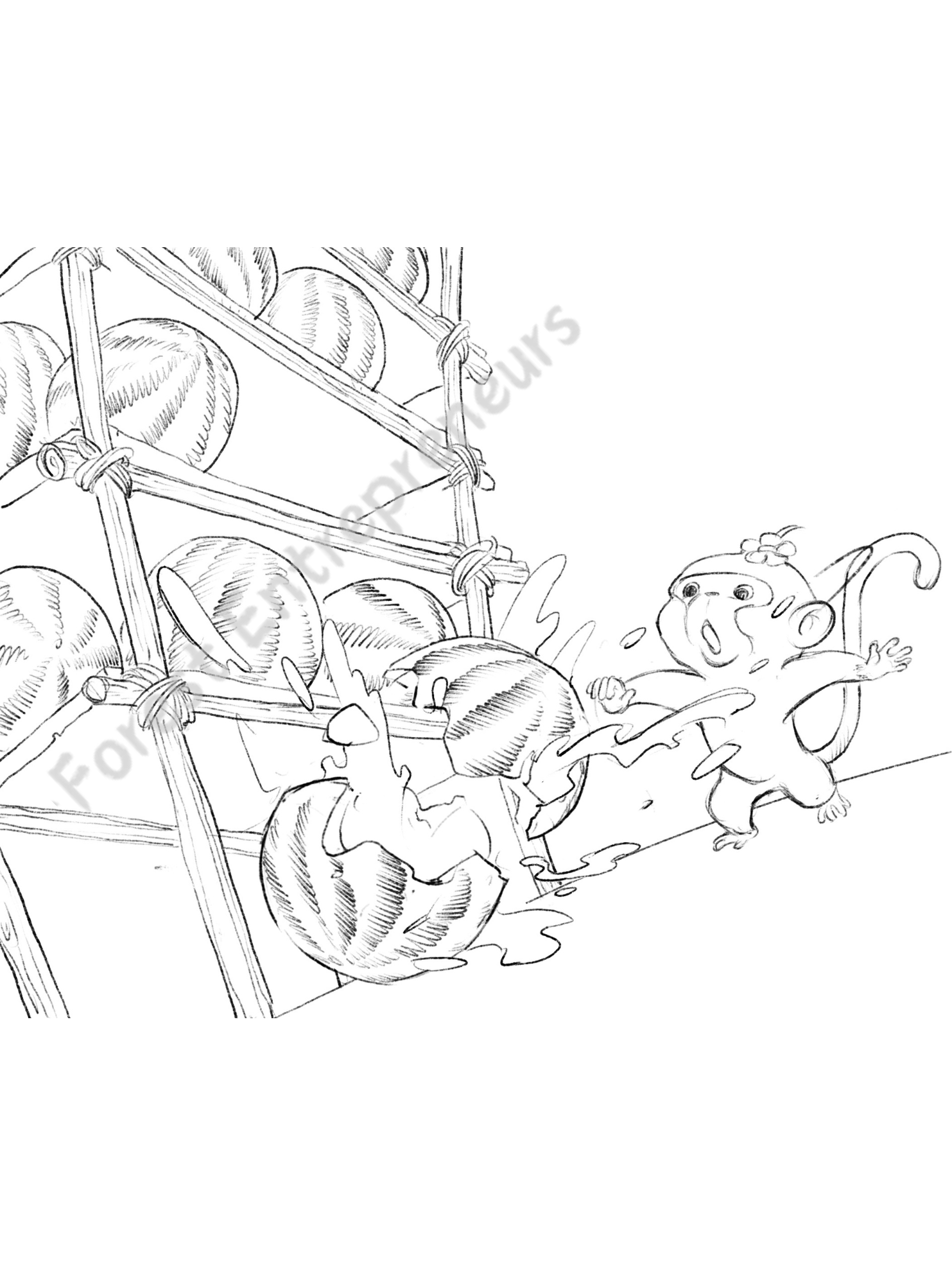A humorous watercolor illustration of a giant watermelon splashing open inside a tropical hut. Mia, Emery, and Bonnie are surprised by the mess, which leads to their "bing!" idea for making juice in The Big Squeeze Juice Hut.