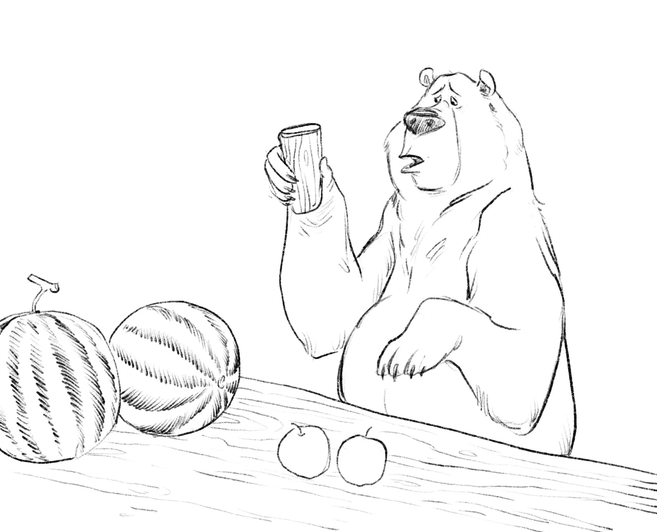Billy holds a cup of melon juice and looks concerned as he compares large melons and small apples, questioning whether trading different fruits for the same sized drink is fair.