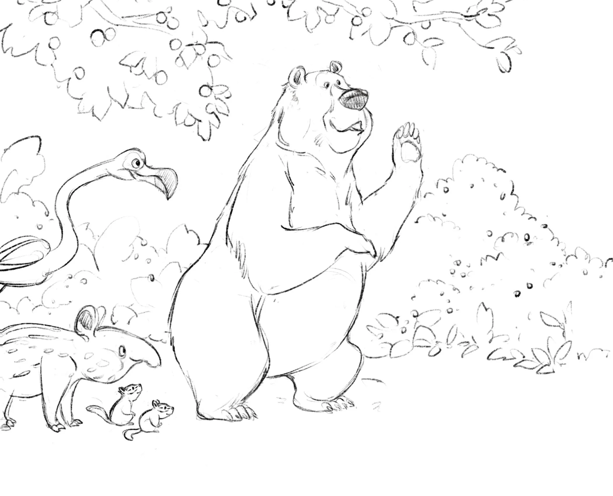  A friendly bear named Billy stands among forest animals in Orchard Valley as Mia, Emery, and Bonnie arrive from across the river to explore the colorful new village.