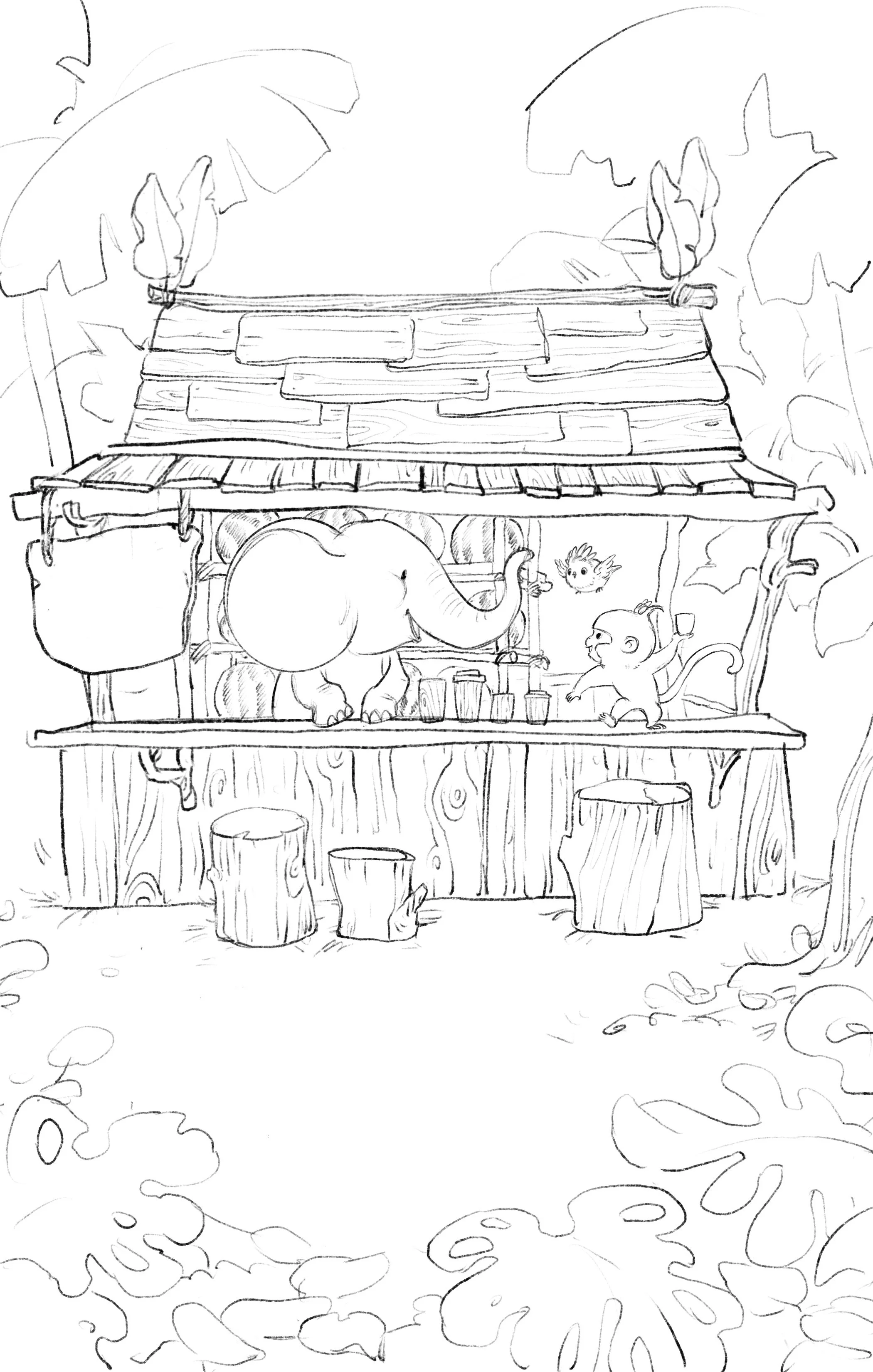 Emery the elephant, Mia the monkey, and Bonnie the bird serve fresh juice at their newly named Big Squeeze hut, with a menu, coins, and happy animal customers enjoying drinks in a children’s story about business, teamwork, and growth.