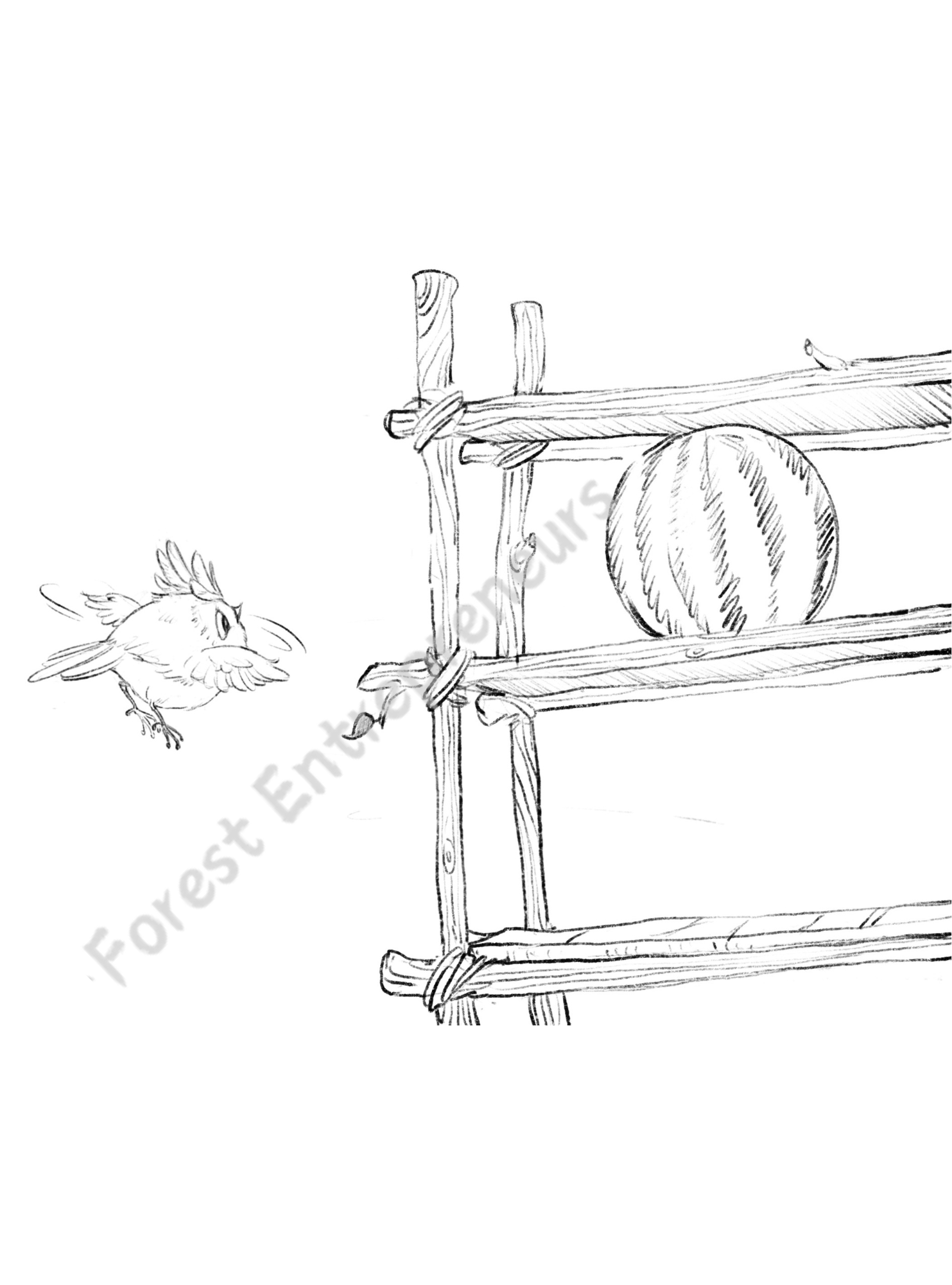 Bonnie the scarlet bird looking shocked at the empty shelves of The Big Squeeze Juice Hut. This illustration from the Forest Entrepreneurs series introduces young readers to business concepts like supply chain issues and inventory management.