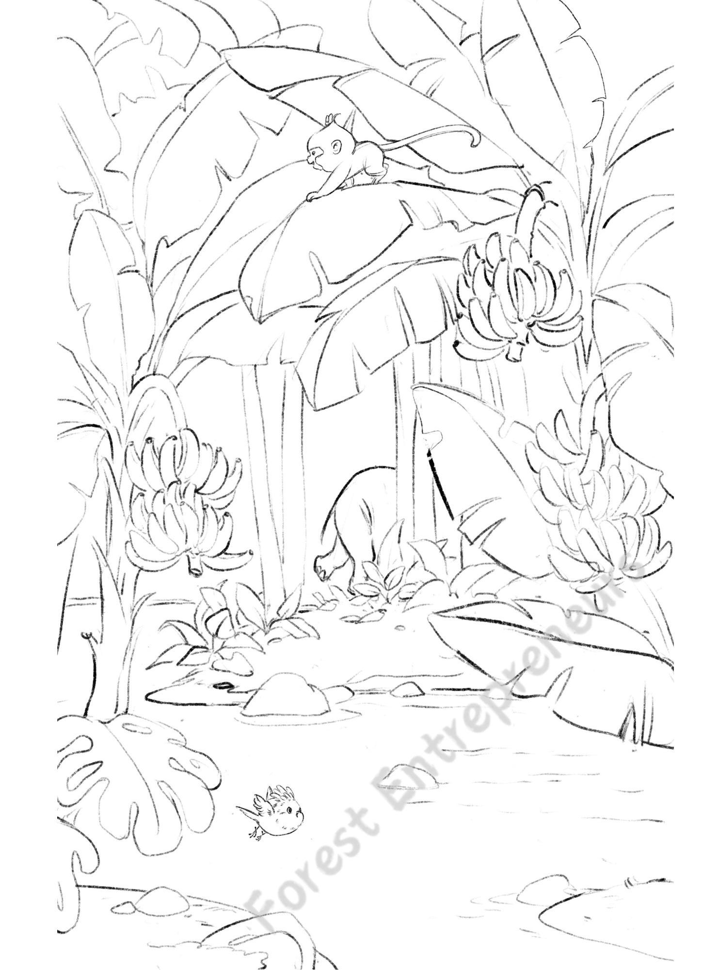 A lush watercolor landscape of the sunny banana grove in Palm Land from the chapter book The Big Squeeze Juice Hut. A blue river curves past rows of tropical trees, establishing the setting for the Forest Entrepreneurs series.