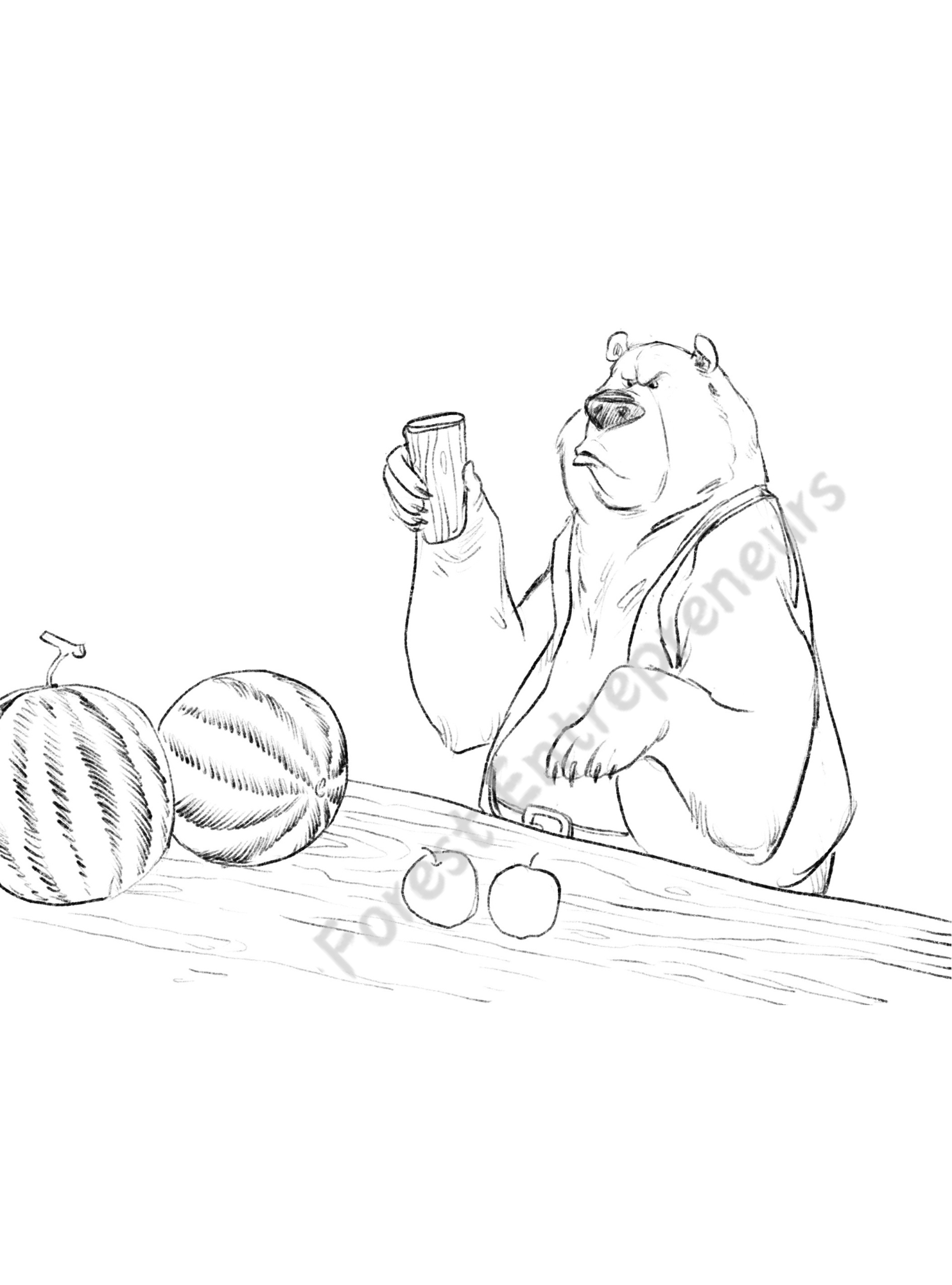 An alternative watercolor view of Billy the Bear at The Big Squeeze juice hut. Billy wears his signature belt while explaining why trading one banana for a large juice might not be fair, teaching kids about relative value.