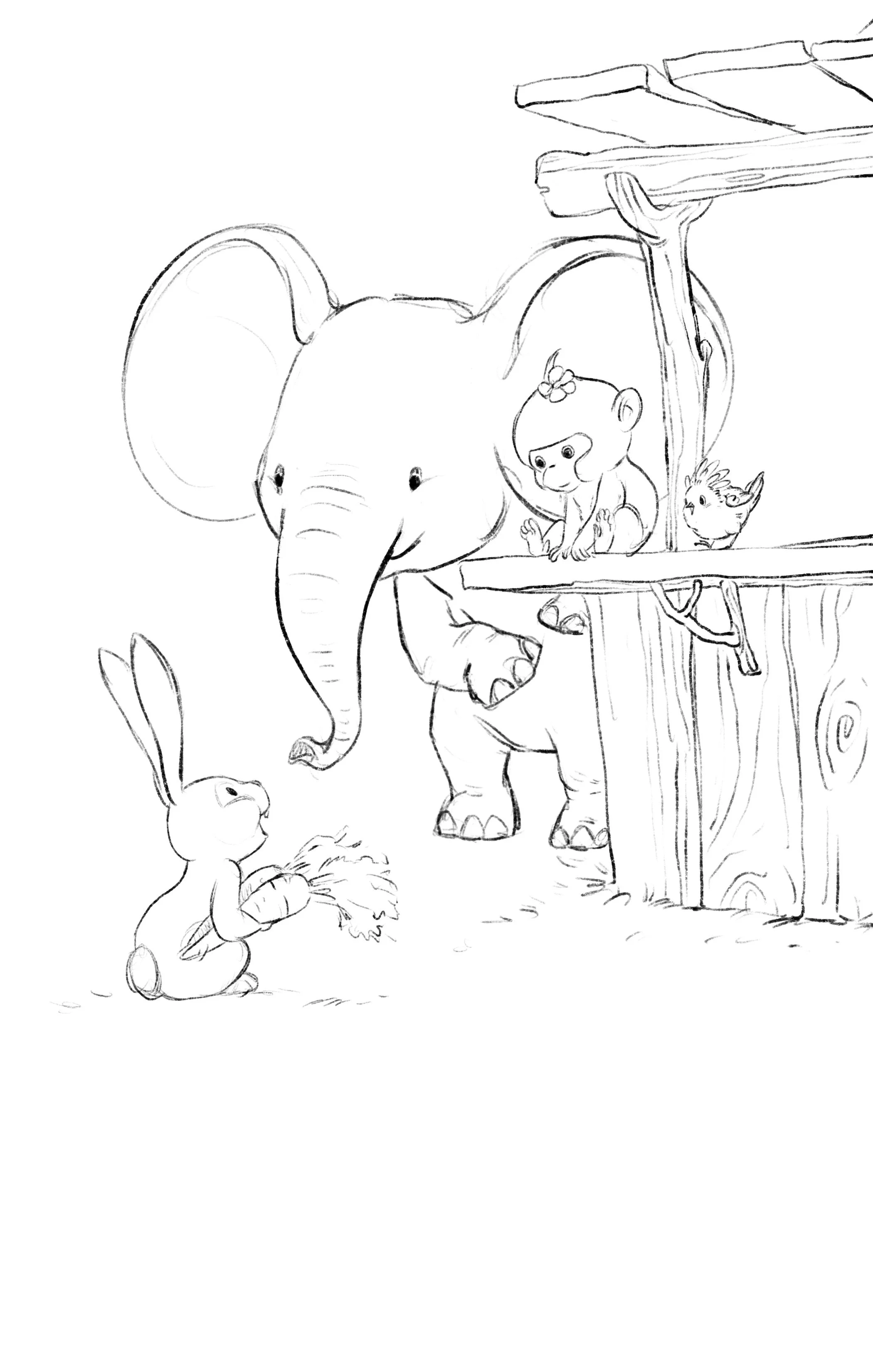 Rachel the rabbit offers carrots in exchange for melon juice while Mia, Emery, and Bonnie watch from their fruit stand, marking one of their first successful trades with customers.