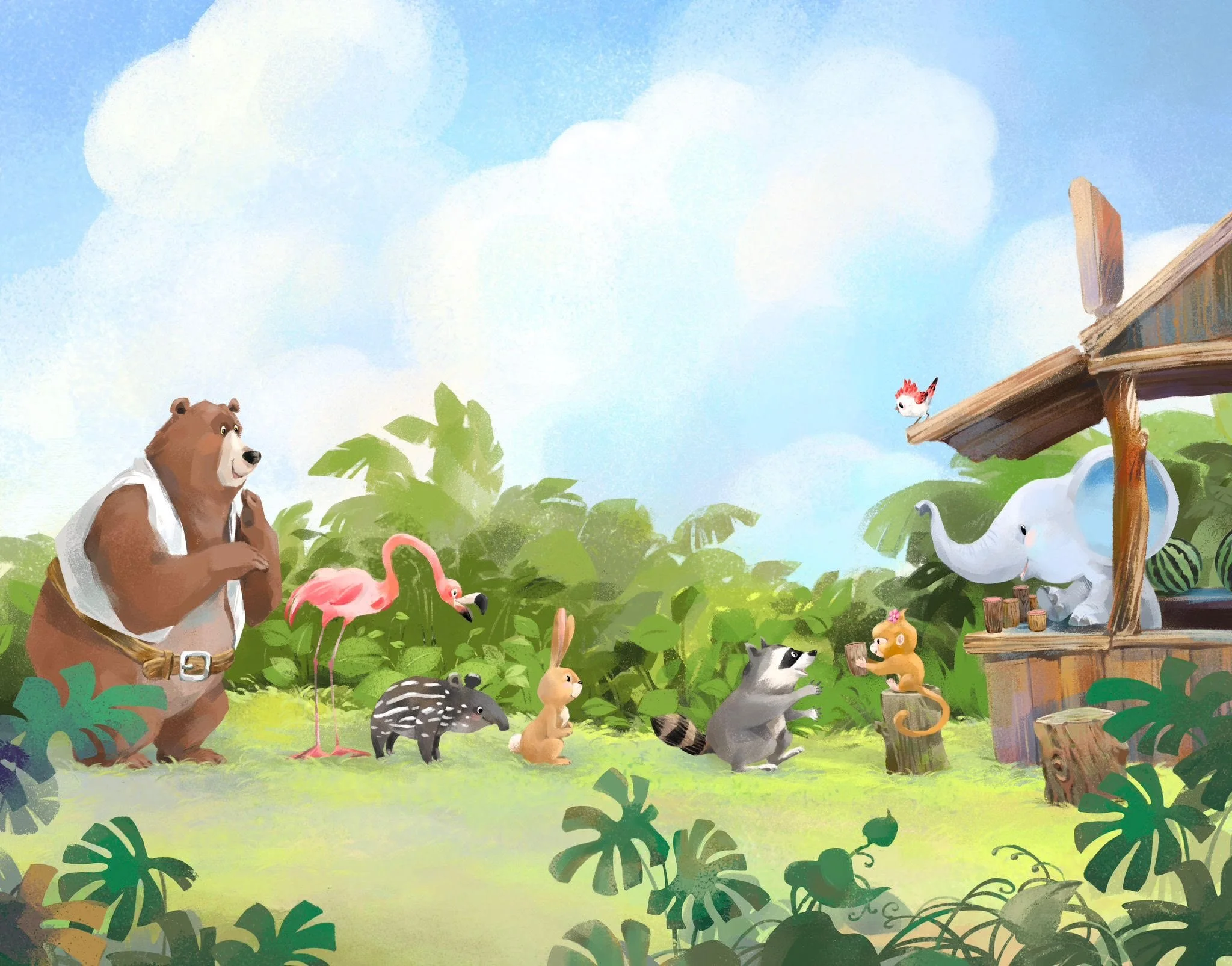 Cover of The Big Squeeze Juice Hut, a children's chapter book by Stefanie Cao, featuring Mia the monkey, Emery the elephant, and Bonnie the bird starting the forest's first juice business.