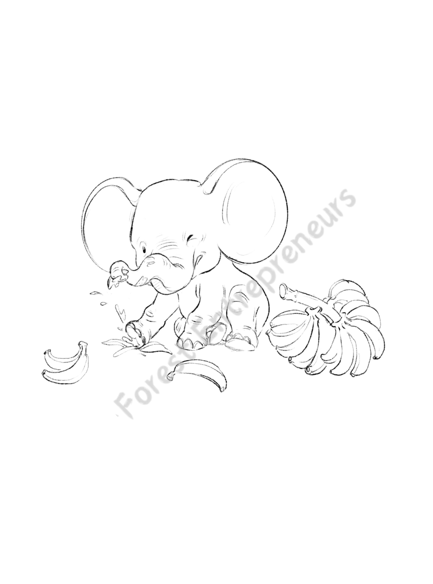 Emery the blue elephant looking frustrated in Palm Land as a banana turns into yellow mush on his trunk. A humorous illustration from Forest Entrepreneurs Book 1 showing Emery as a "terrible peeler" but a great fruit picker.