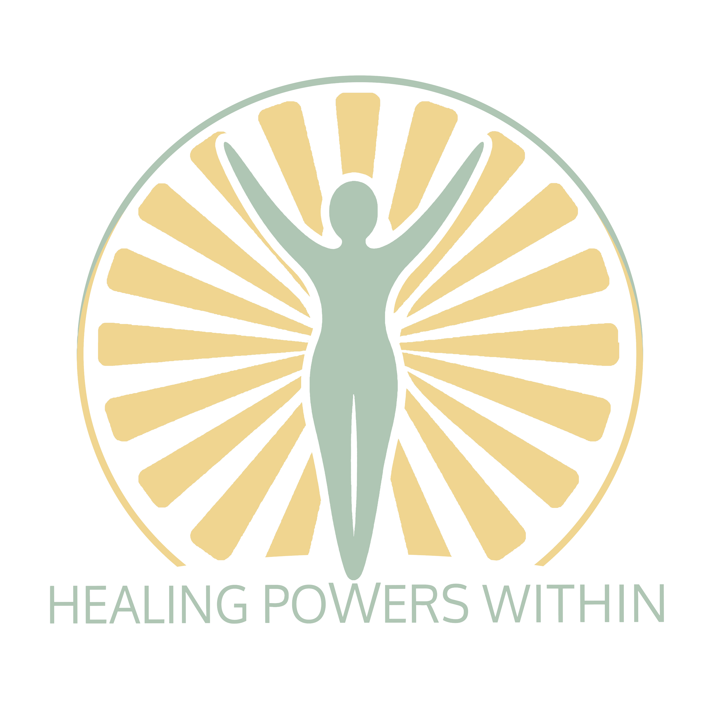 A stylized figure with arms raised inside a circular radiating pattern, with the text 'Healing Powers Within' beneath. Rhode Island Sound healing facilitator.
