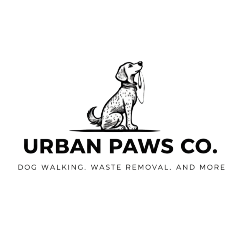 Logo featuring a cartoon dog with a leash, with the text "Urban Paws Co." and marketing services including dog walking and waste removal.