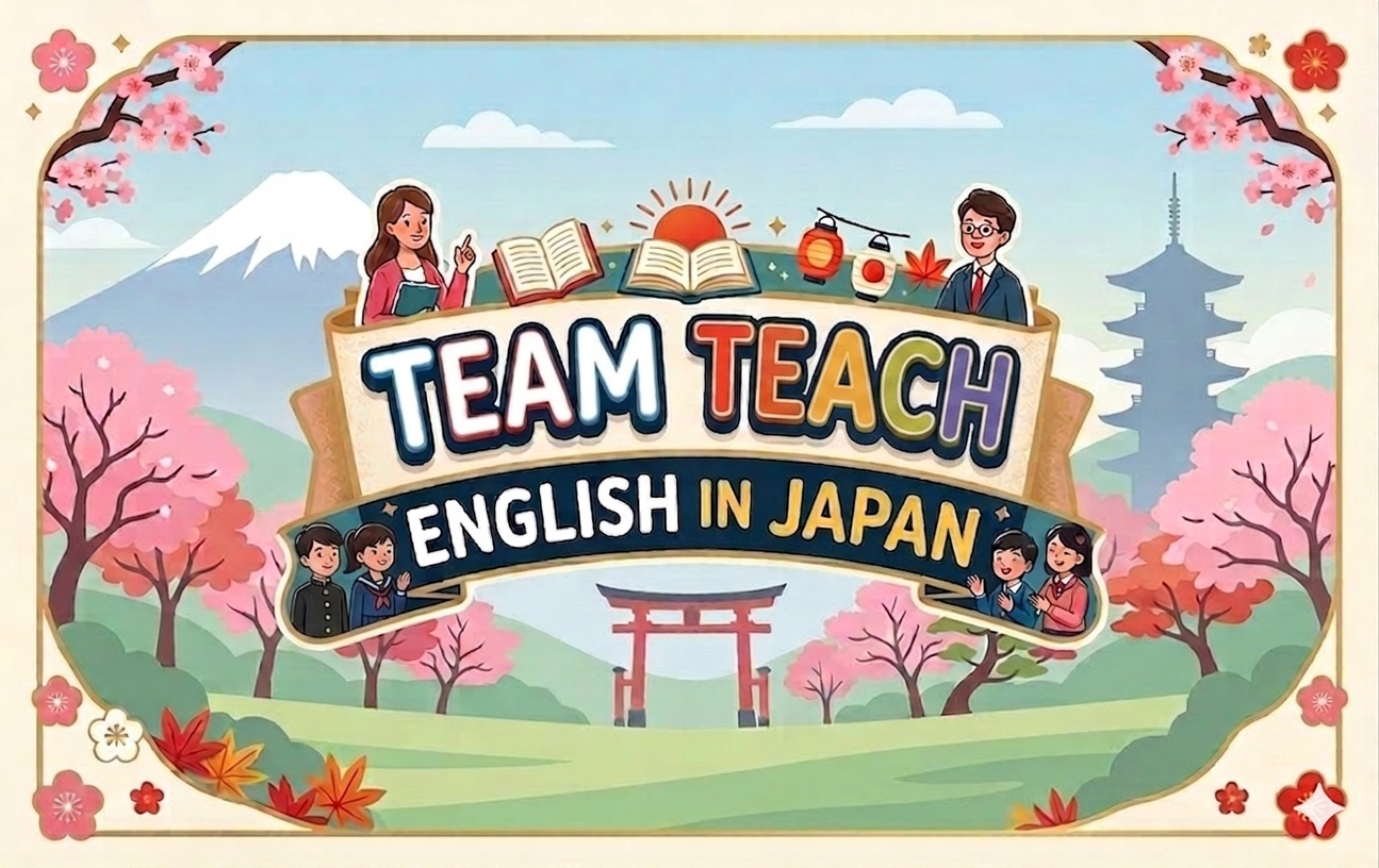 Graphic of the words "Team Teach English in Japan" and iconic Japanese imagery.