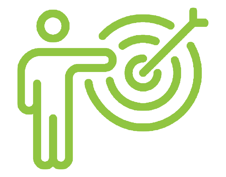 Green icon of a person pointing at a target or bullseye.