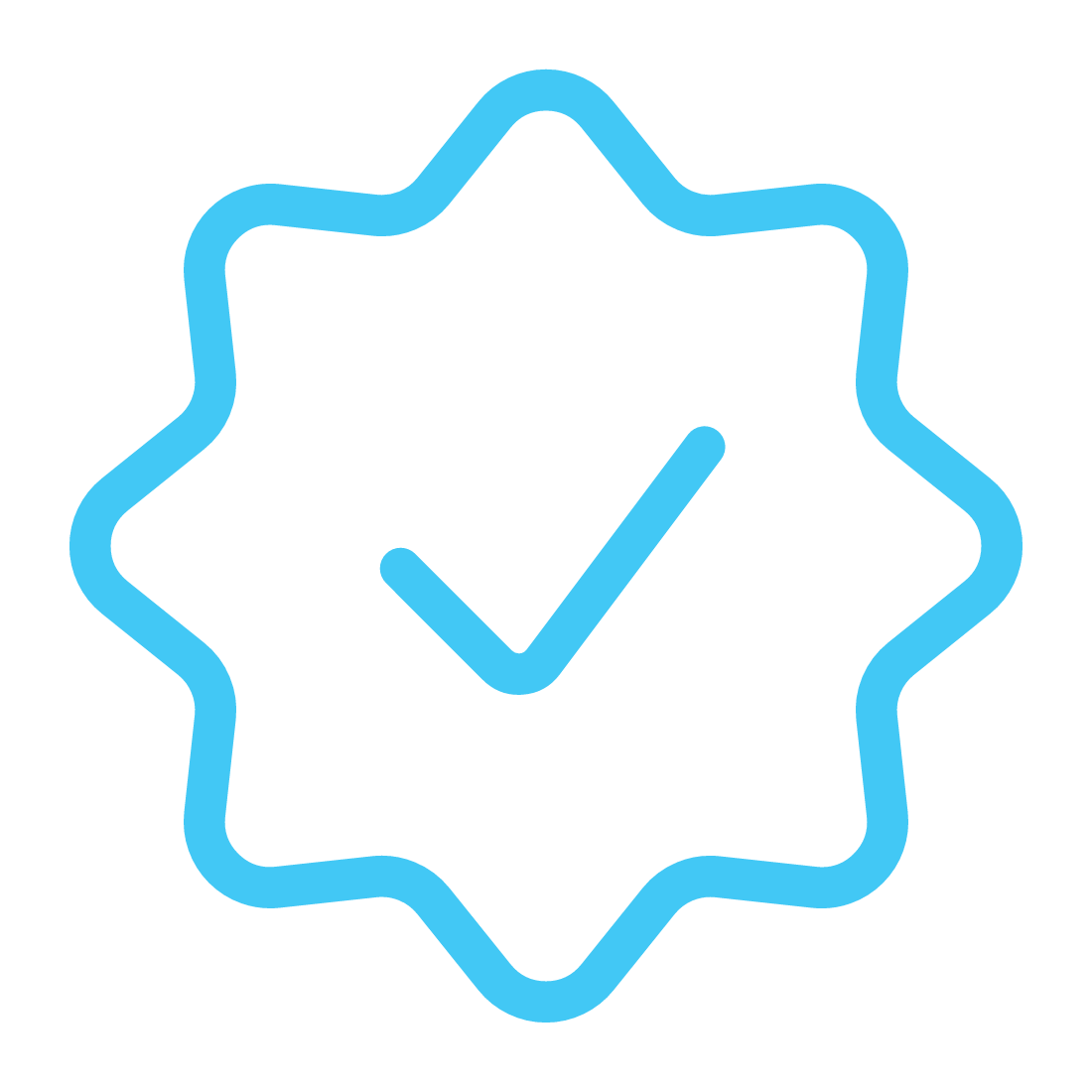 A blue checkmark inside a blue wavy outline badge.