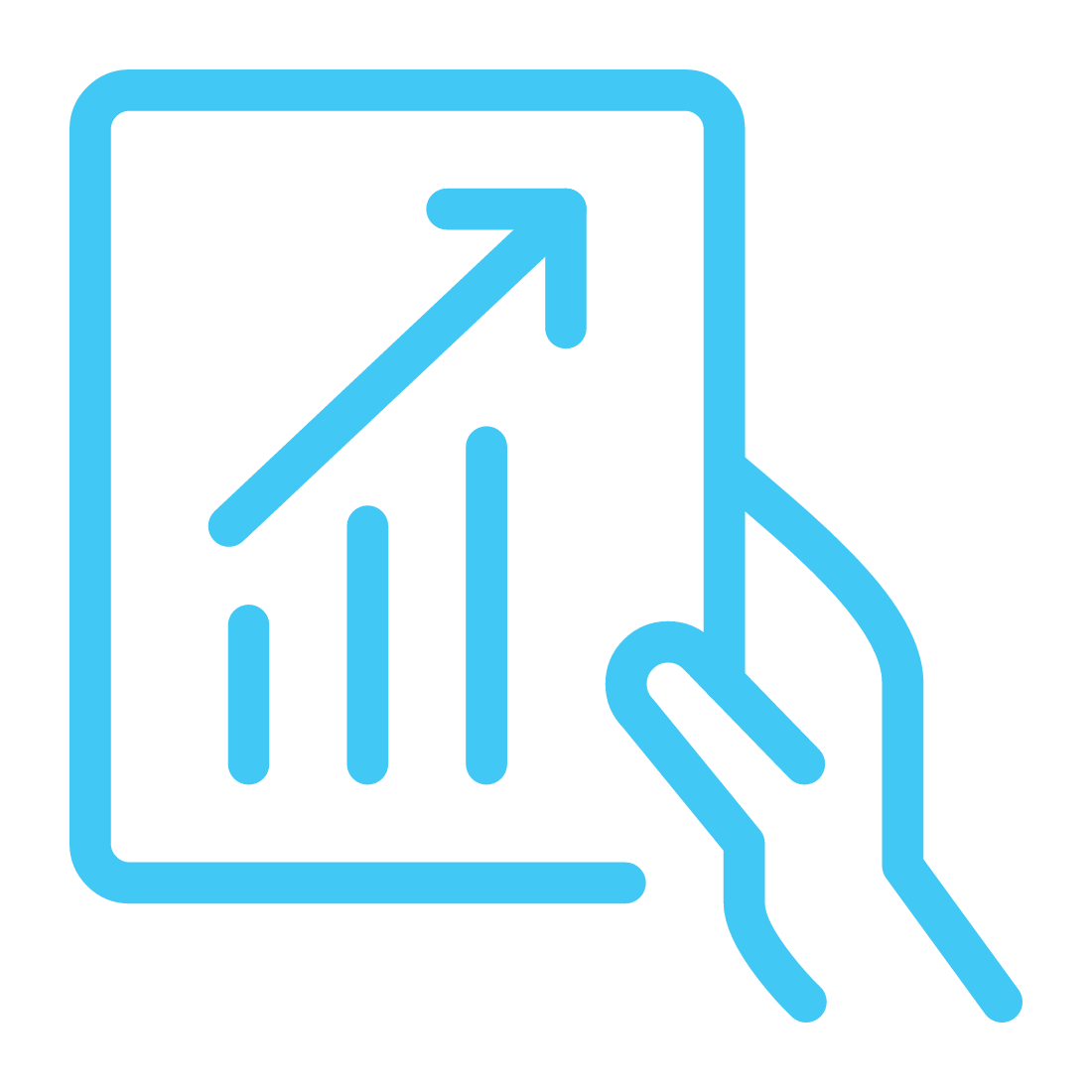 A blue outline icon of a hand holding a smartphone displaying a line graph with upward trending arrow and vertical bars.