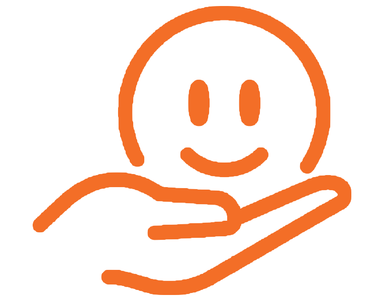 Orange line drawing of a smiling face being supported by a hand.
