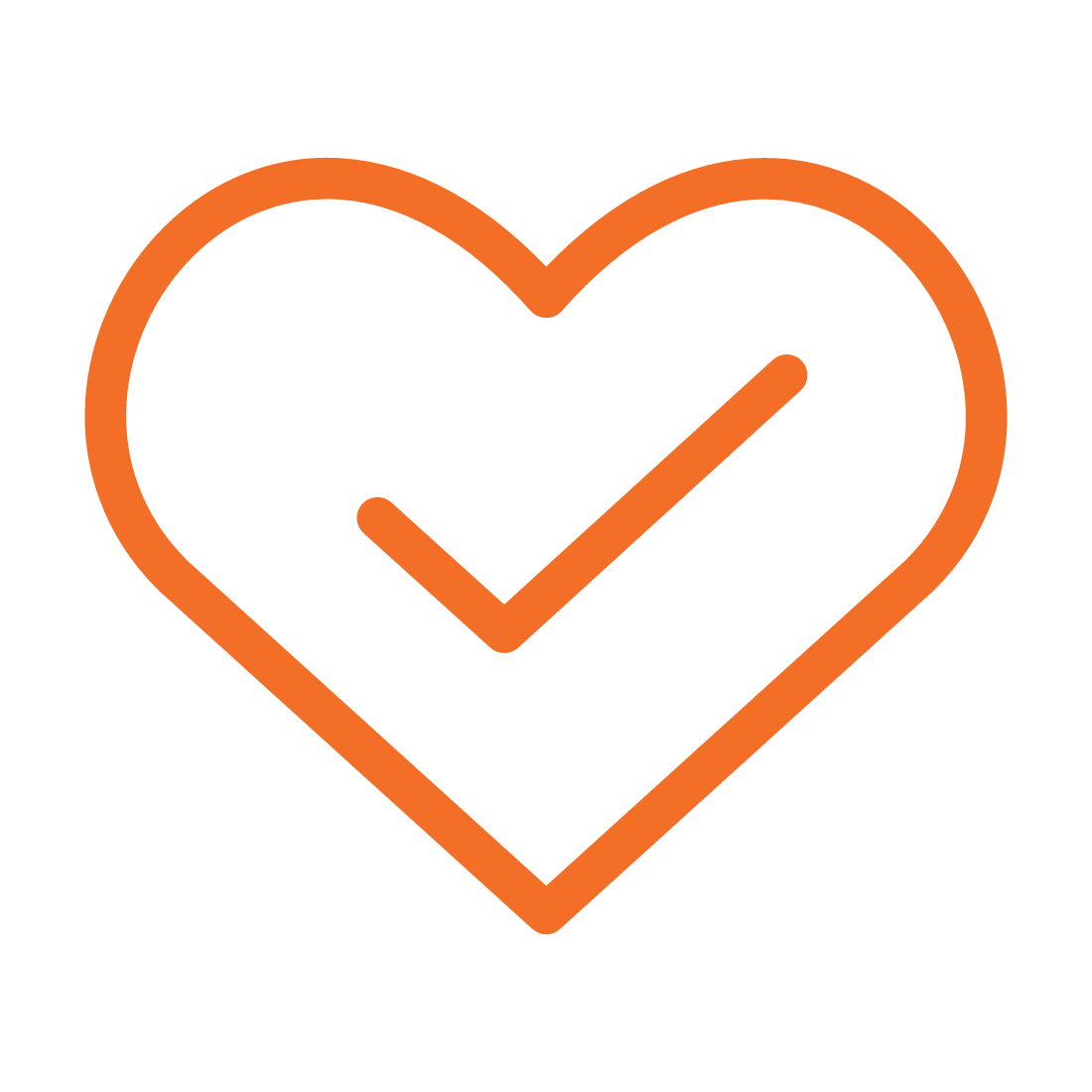 Orange outlined heart with a check mark inside.