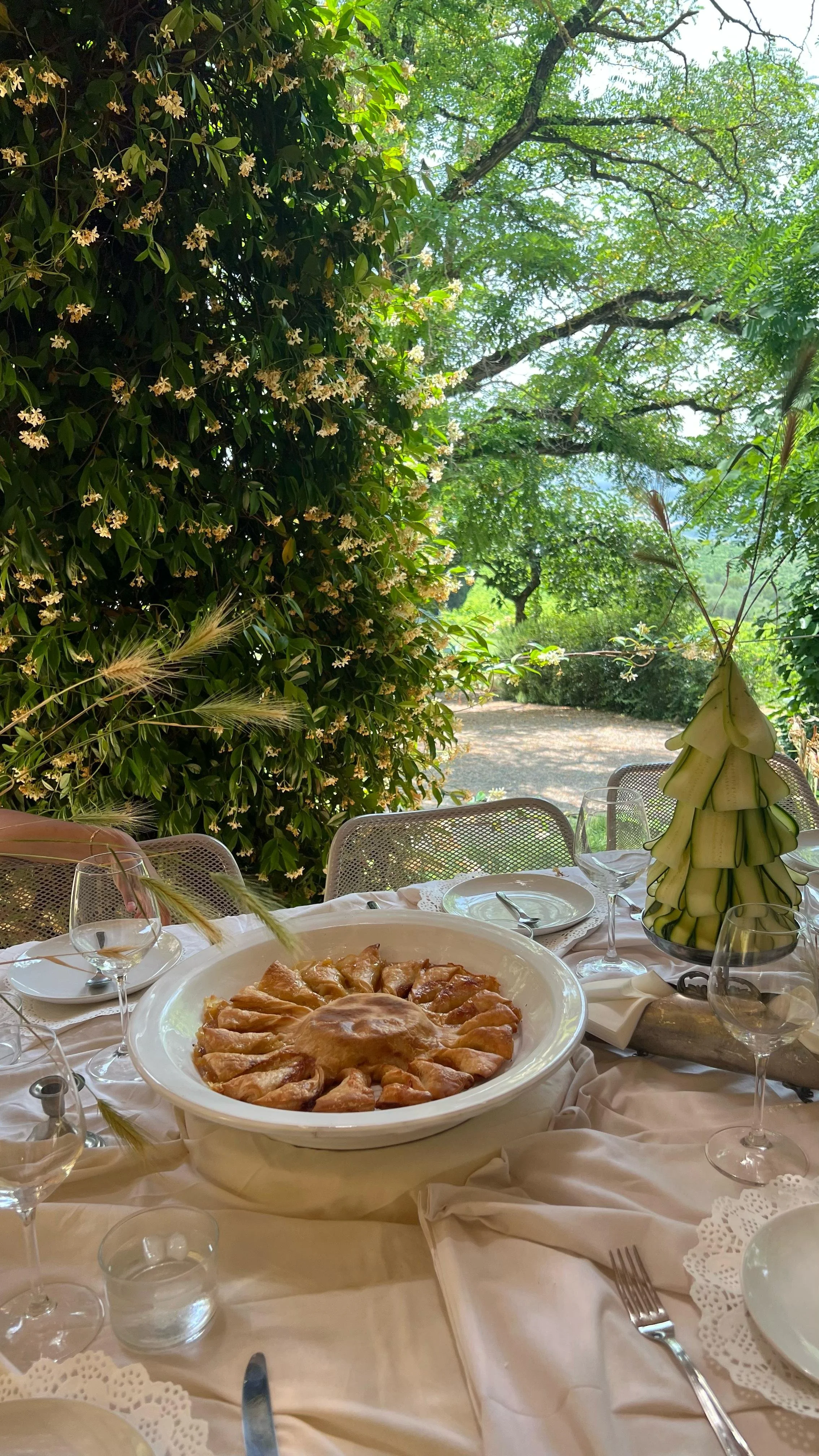 Tavola imbandita con piatto di pollo, bicchieri di vino, posate e un vaso con fette di zucchine. Sullo sfondo, un ambiente esterno immerso nel verde con alberi e panchine.