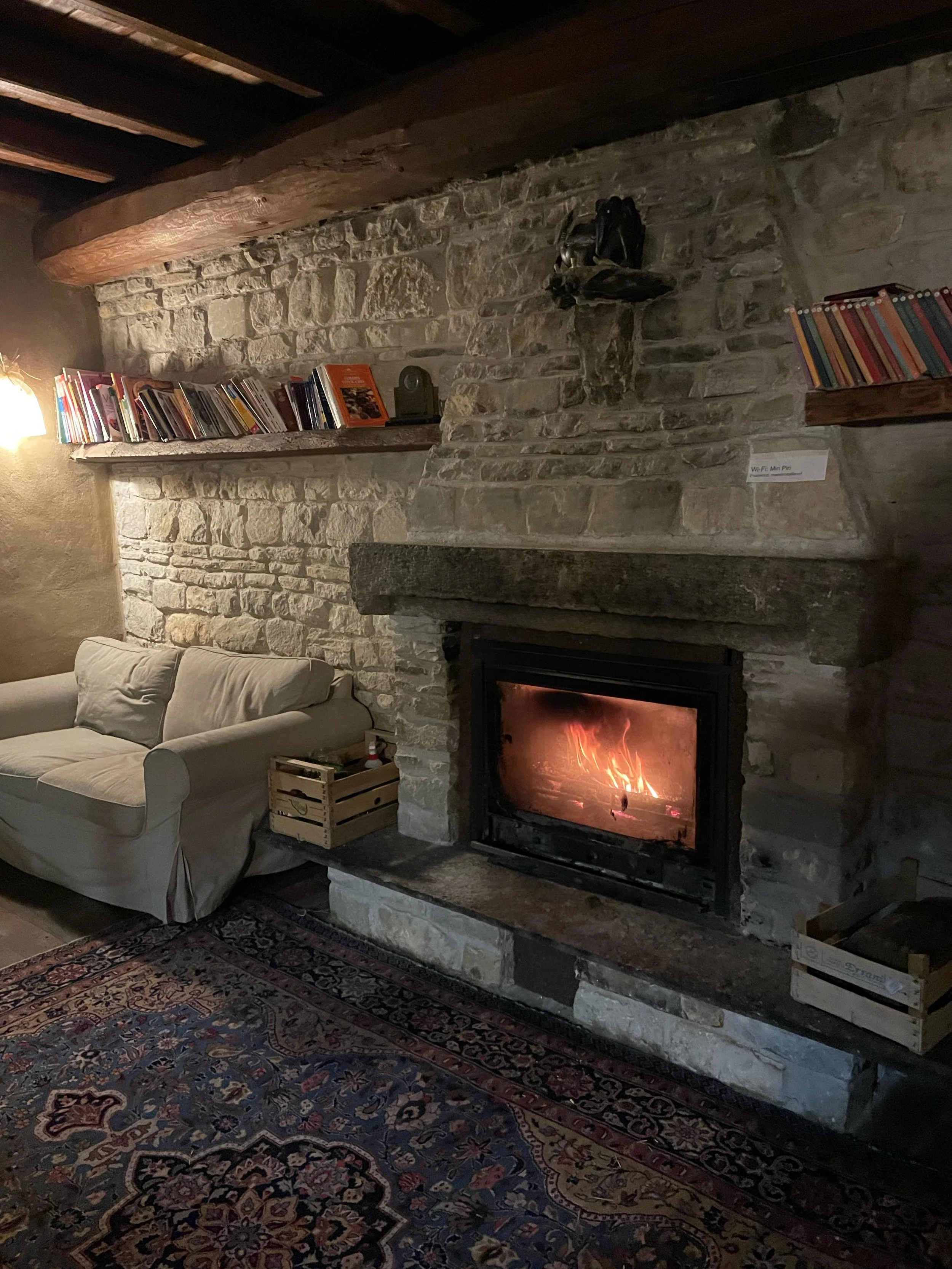 Interno di una stanza con camino in pietra acceso, divano beige sulla sinistra, tappeto persiano, mensole con libri e decorazioni, pareti in pietra, ambiente rustico e caldo.