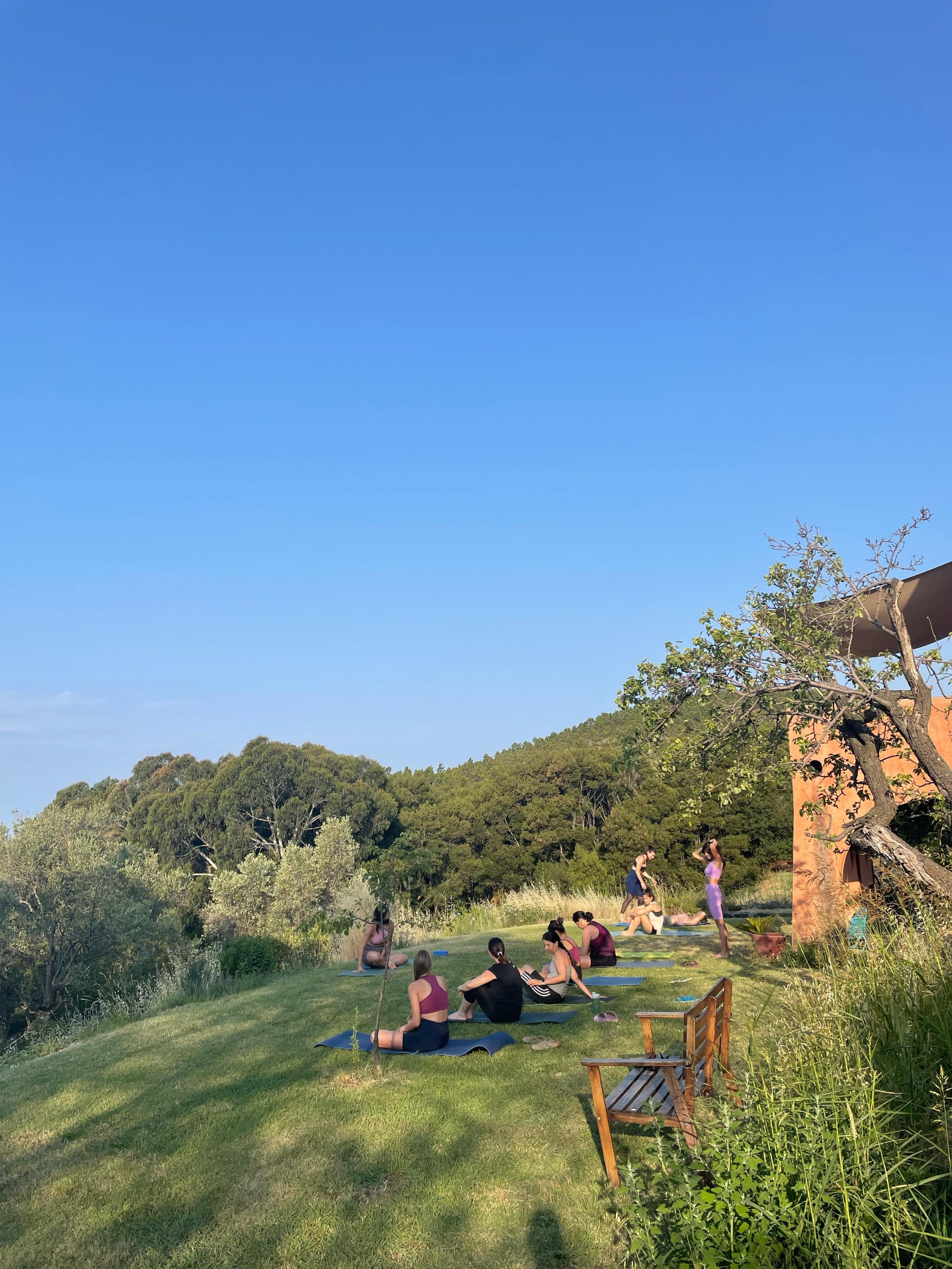 Gruppo di persone che praticano yoga in un prato verde, circondato da alberi e natura, sotto un cielo azzurro.