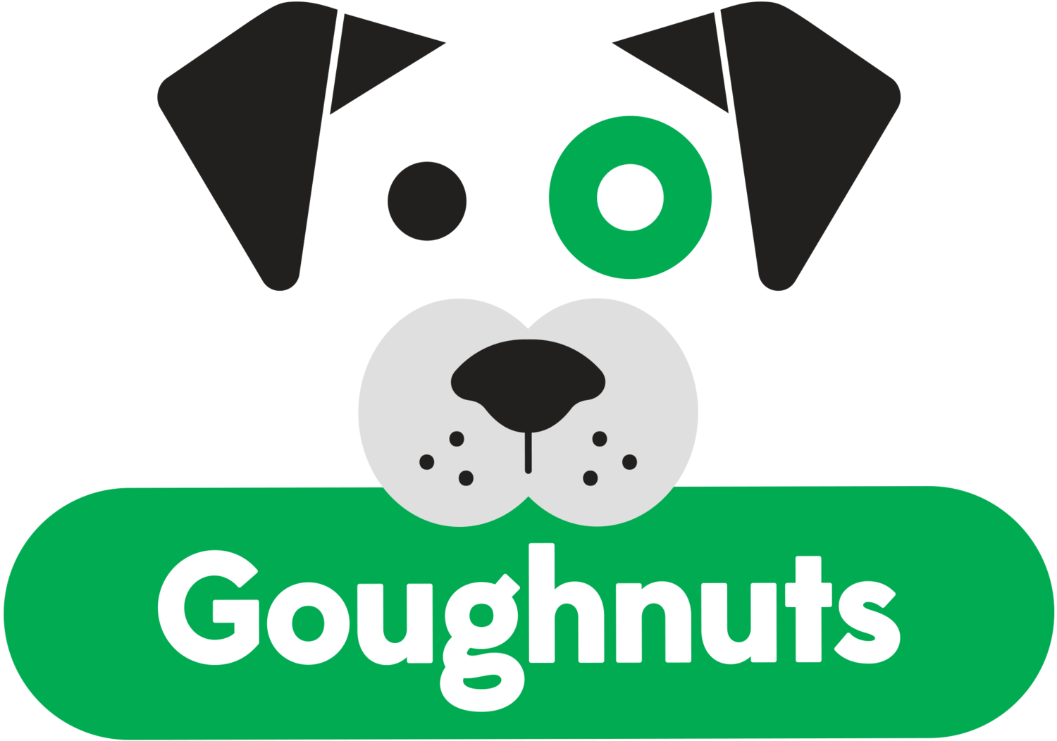 Logo for Goughnuts featuring a cartoon dog face with black ears and eye patches, a gray nose, and the word 'Goughnuts' in white letters on a green background.