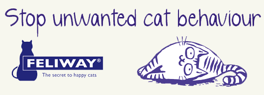 A cartoon illustration with text reading "Stop unwanted cat behaviour" and a logo for Feliway, a brand for cat behavior products, featuring a cat silhouette and a stylized cat face.