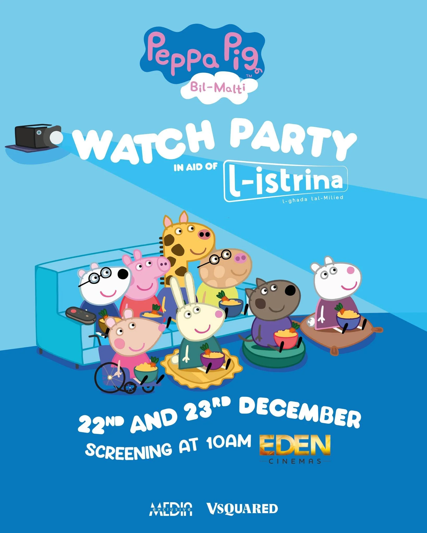 Esperjenza lil Peppa Pig bil-Malti bħalma qatt ma rajtha qabel 🐷

Ingħaqdu magħna għall-Peppa Pig Watch Party ta&rsquo; 90 minuta b&rsquo;risq L-Istrina fl-Eden Cinemas, b&rsquo;sensiela ta&rsquo; episodji wieħed wara l-ieħor bil-Malti u b&rsquo;Lin