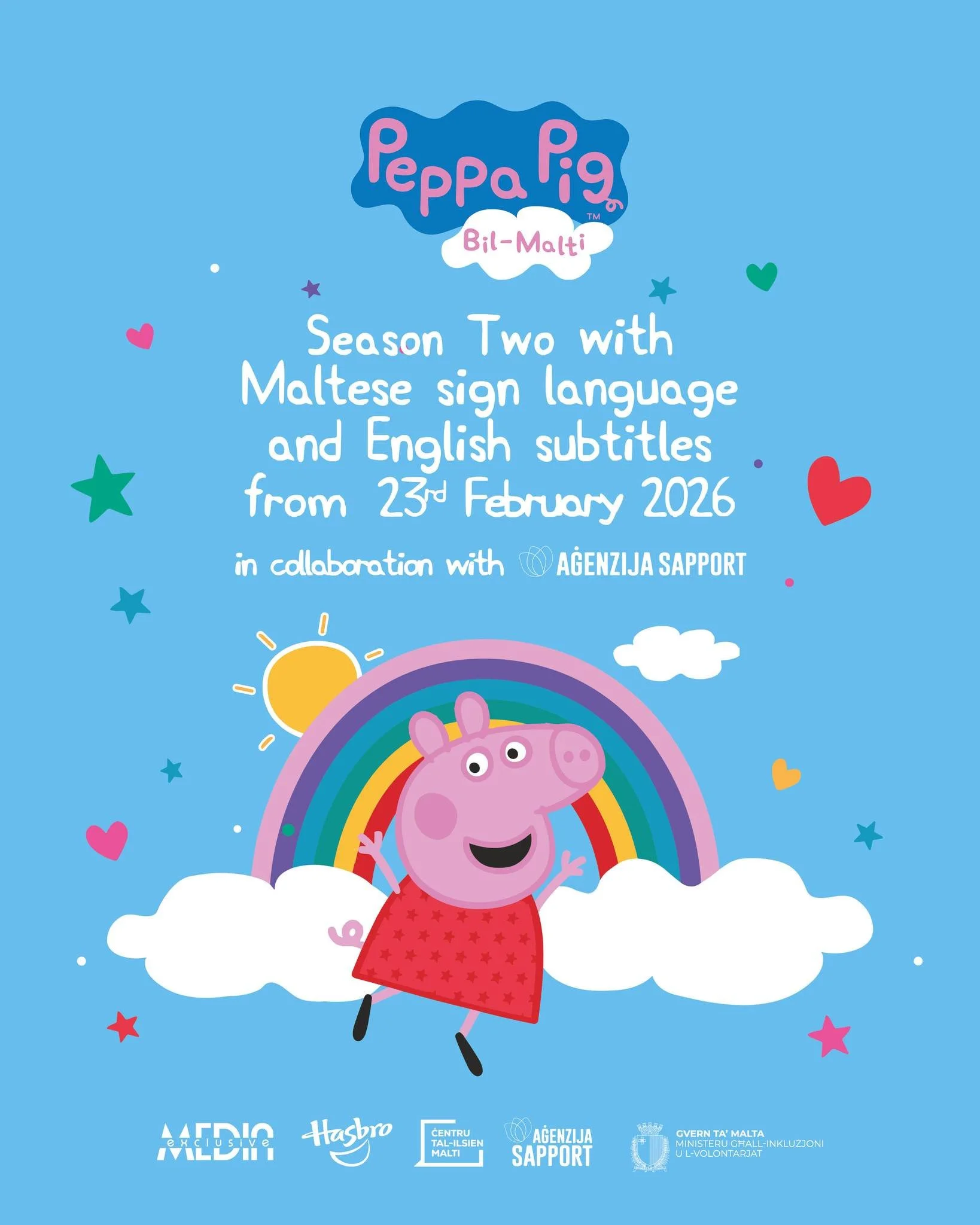 Season 2 of Peppa Pig bil-Malti is now with Maltese sign language and English subtitles 🐷

From Monday 23rd February 2026, season 2 episodes will include Maltese Sign Language interpretation, followed by English subtitles in May 2026 🌟

Catch Peppa