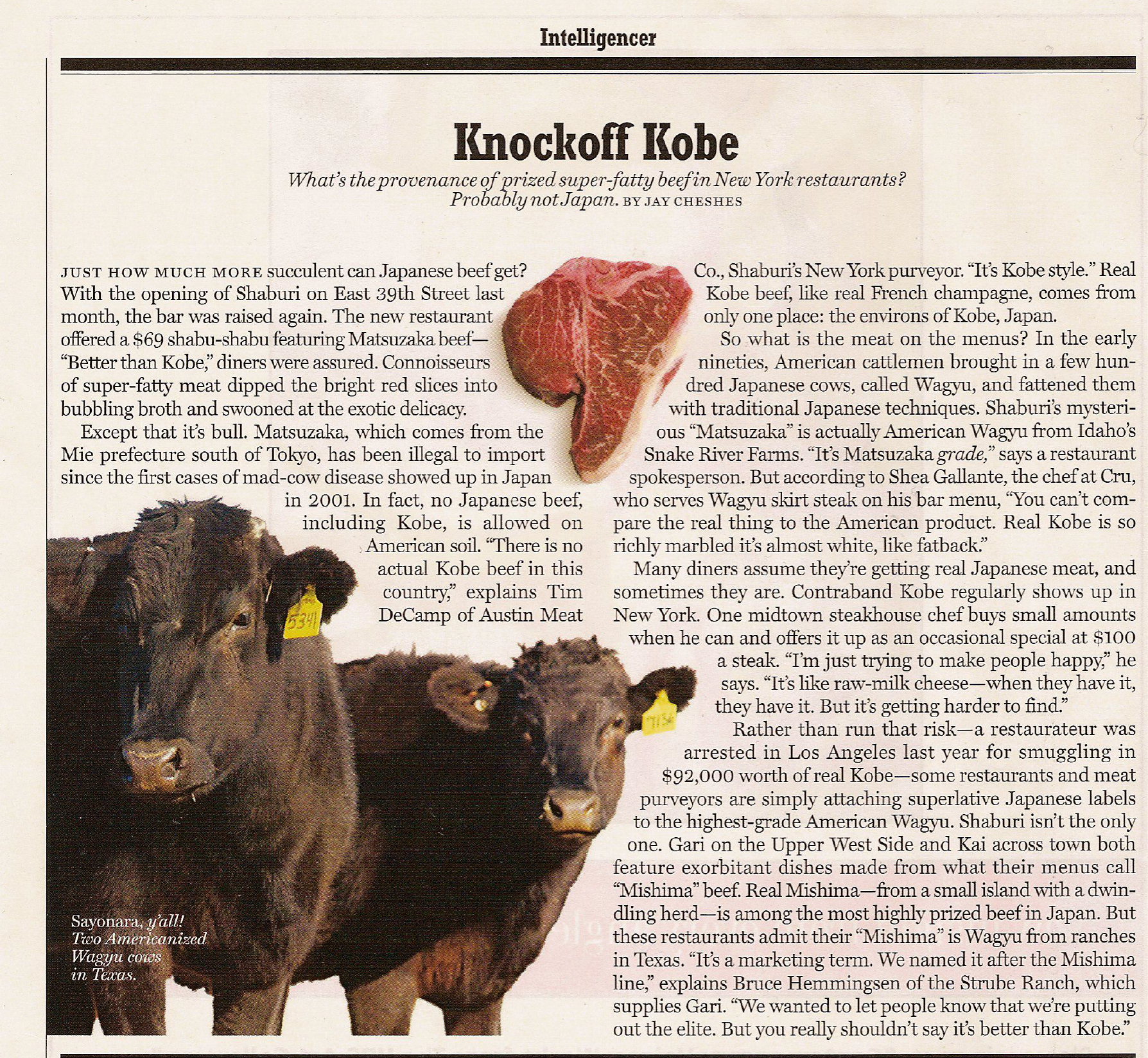 Knockoff Kobe: What's the provenance of prized super-fatty beef in New York restaurants? Probably not Japan.