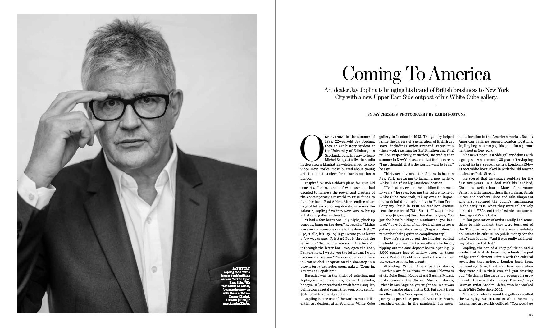 WSJ MAGAZINE | Coming to America: Art dealer Jay Jopling is bringing his brand of British brashness to New York City with a new Upper East Side outpost of his White Cube gallery