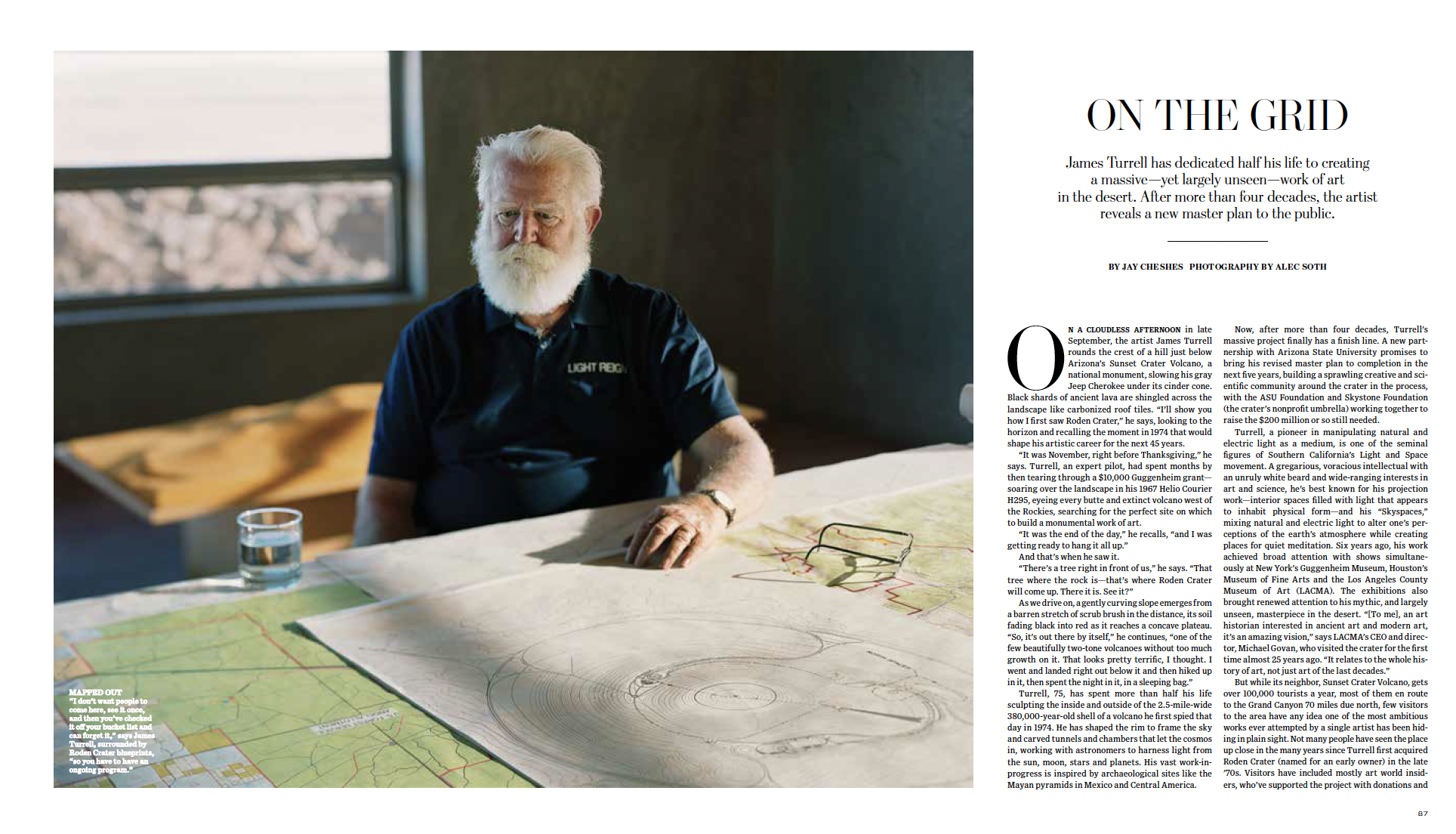 On the Grid: James Turrell has dedicated half his life to creating a massive—yet largely unseen—work of art in the desert. After more than four decades, the artist reveals a new master plan to the public