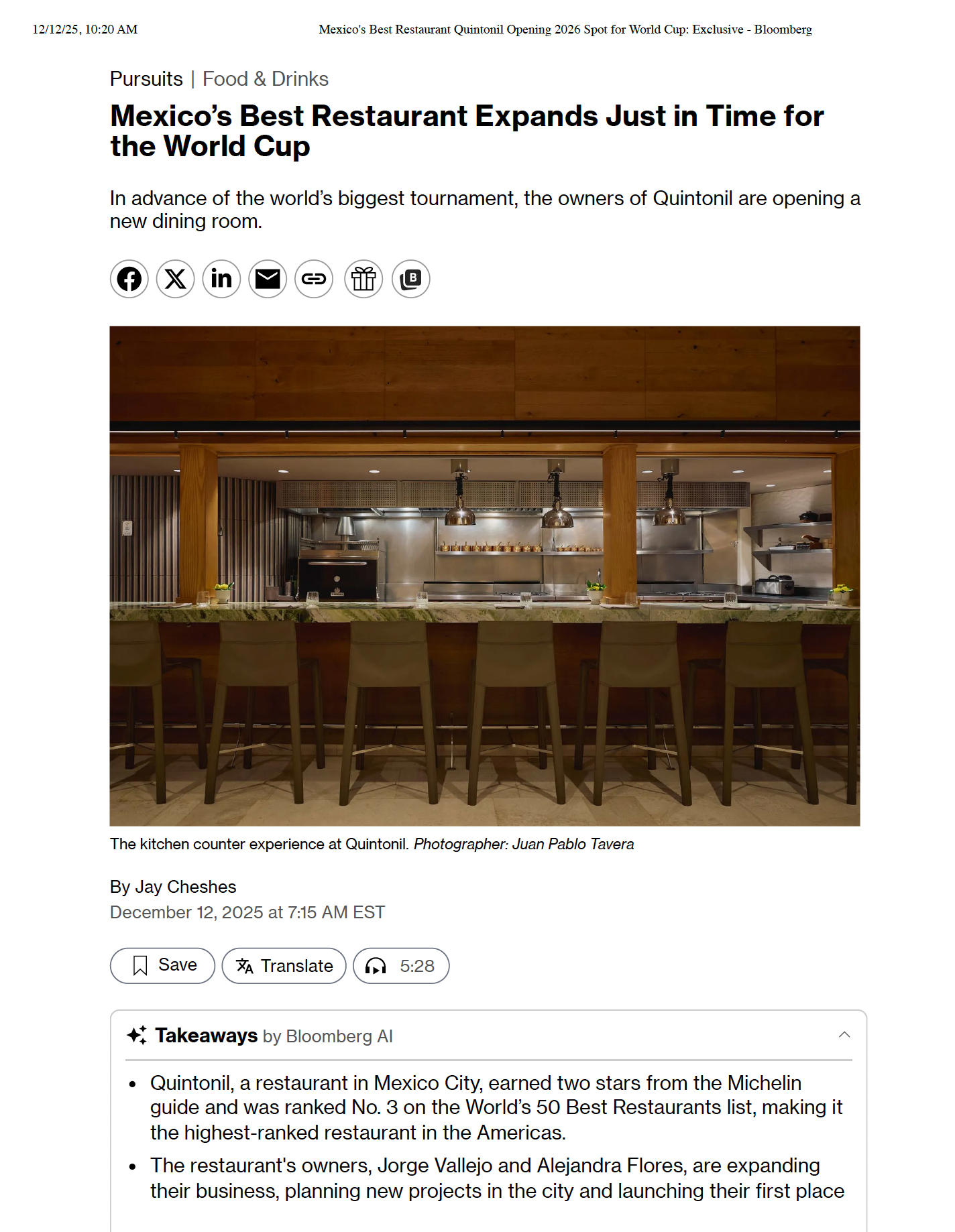 BLOOMBERG | Mexico's Best Restaurant Expands Just in Time for the World Cup: In advance of the world's biggest tournament, the owners of Quintonil are opening a new dining room