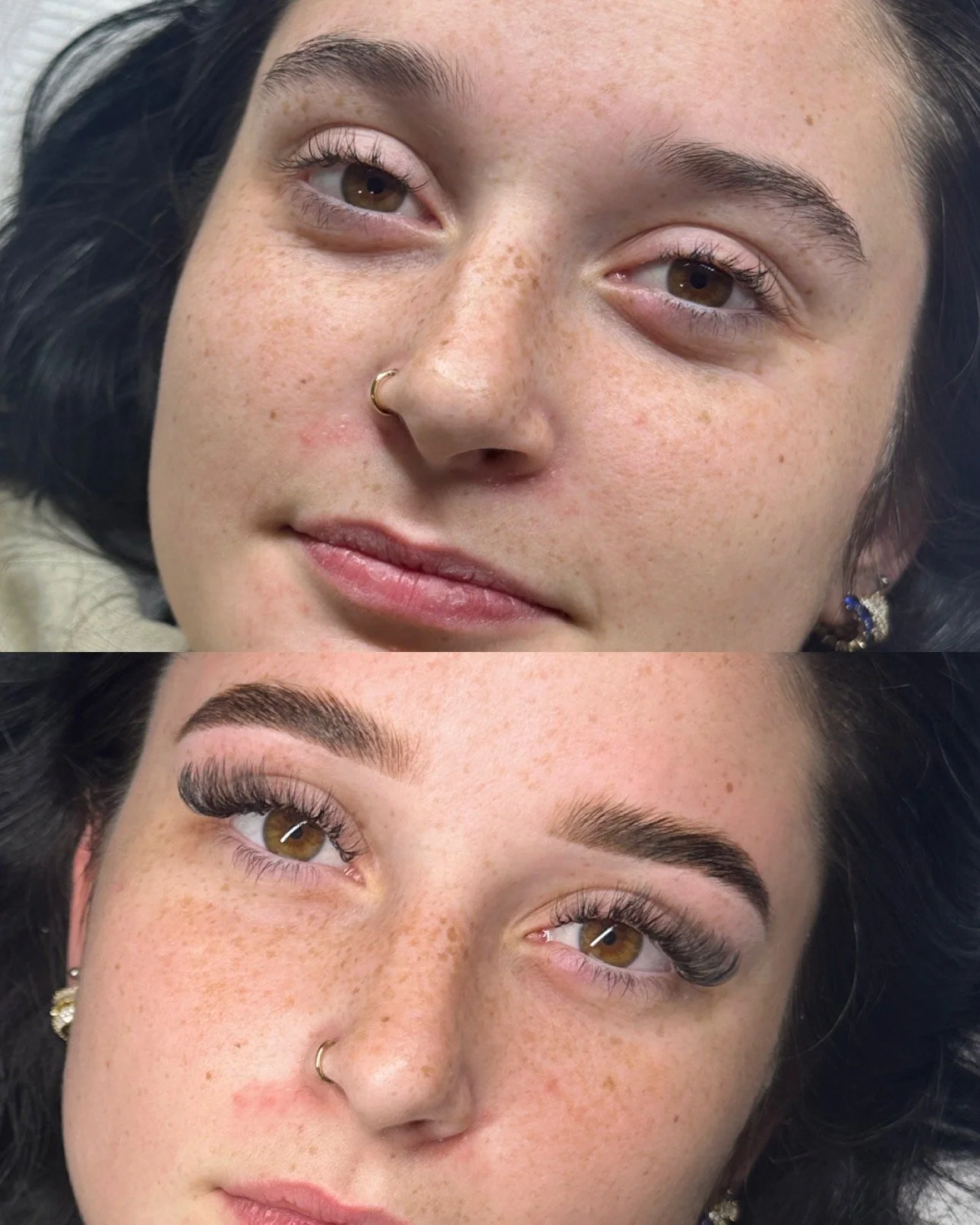 Before and after eyebrow lamination, stain, and wax. Used brow mapping to enhance eyebrows at Glow Setters Skin Studio.