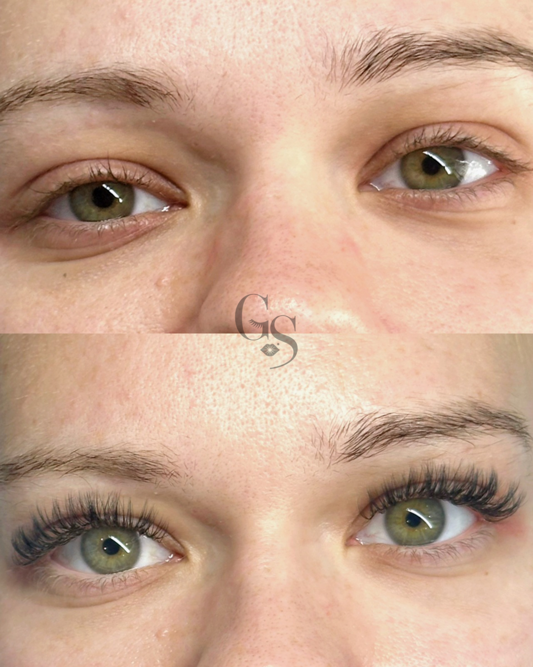 Close-up of a person's face showing the area around their eyes before and after eyelash extensions, with the lower image displaying longer, fuller eyelashes.