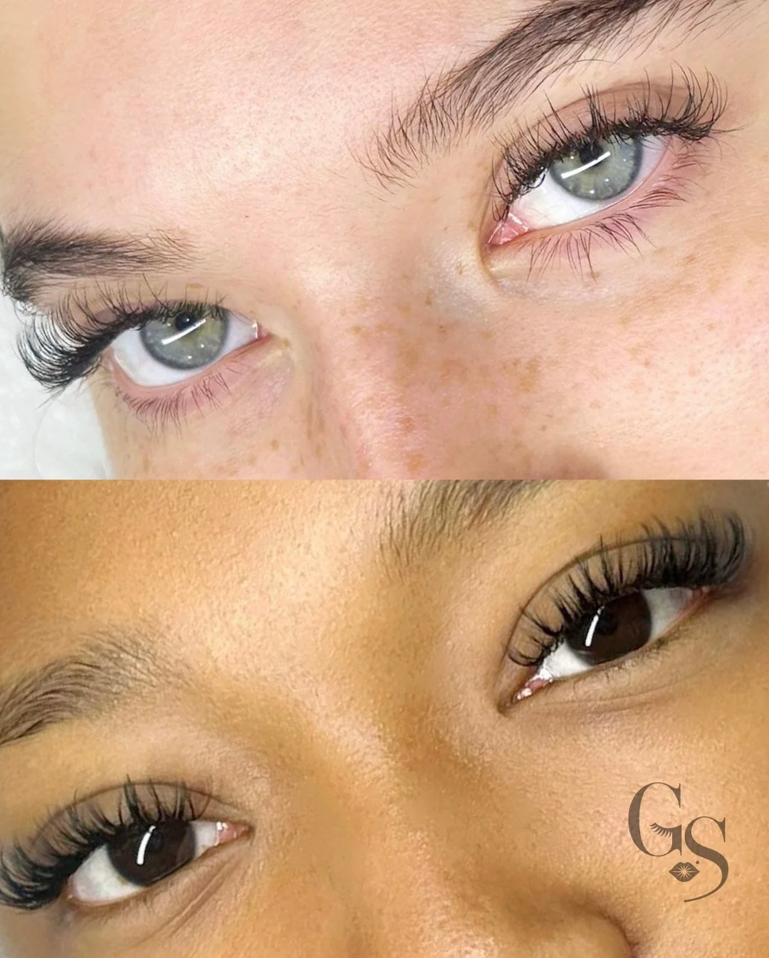 Close-up images of two different women's eyes showcasing their eyelashes and eyebrows.