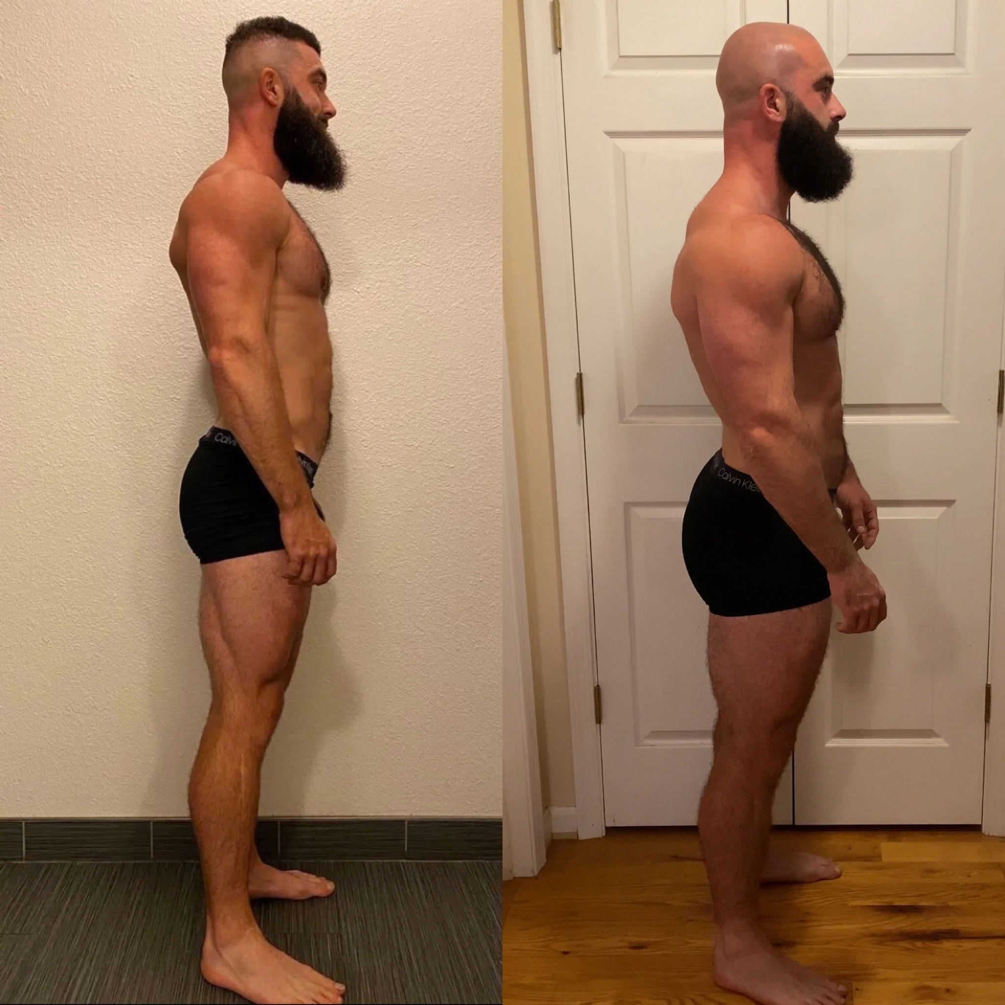 Comparison of two side views of a shirtless man with a beard and different hairstyles, standing against a wall and a door.