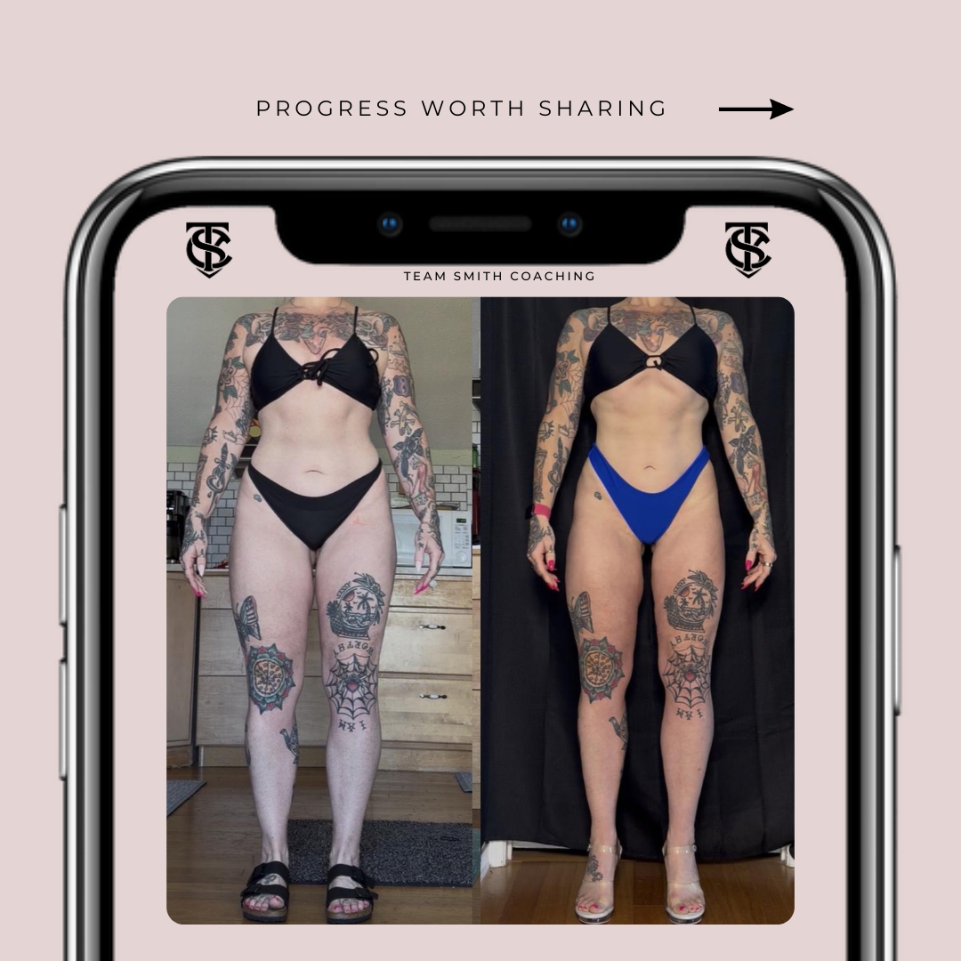 Side-by-side comparison of a woman before and after weight loss, wearing swimsuits, with visible tattoos, standing indoors on a wooden floor.