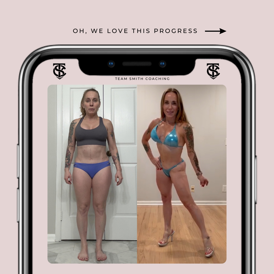 Before and after transformation photos of a woman showing her fitness progress, labeled 'TEAM SMITH COACHING' with progress update arrow and logos.