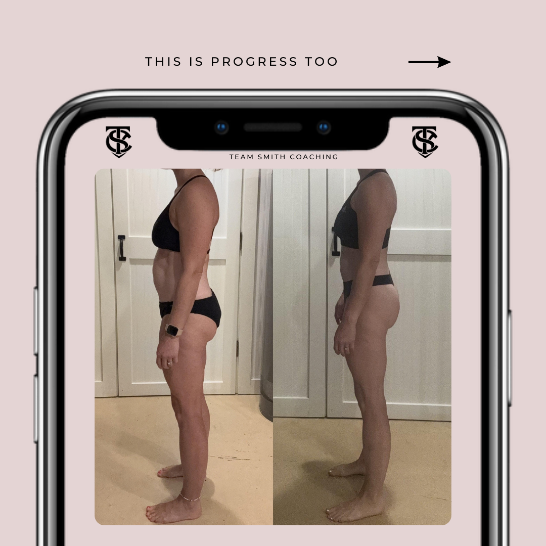 Side-by-side before and after photos of a woman in black workout attire showing body transformation, with a caption indicating progress and team coaching.