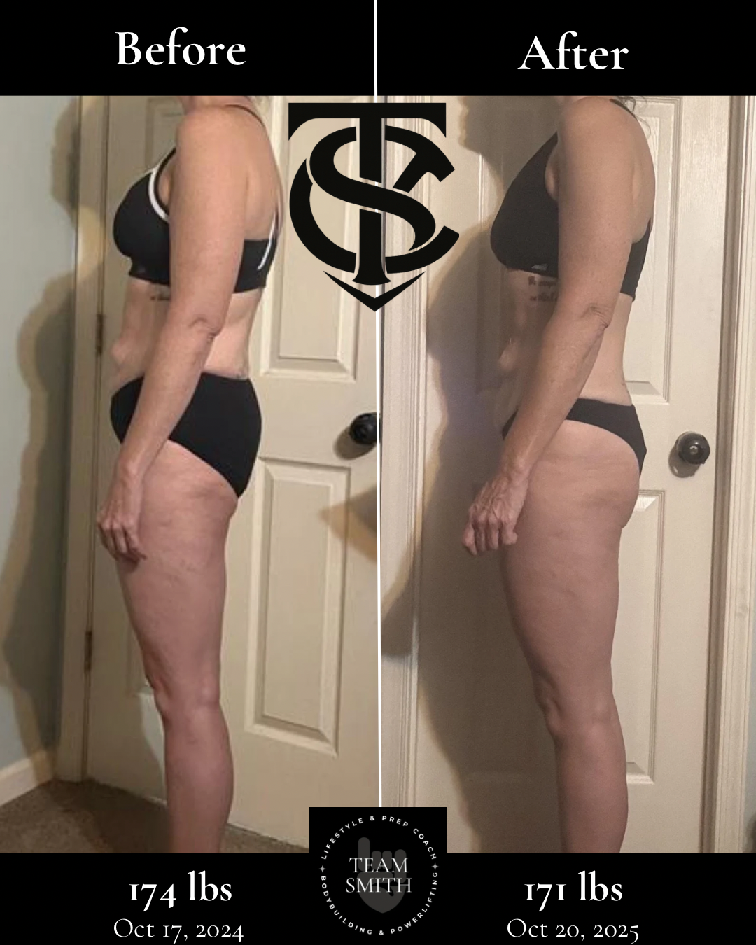 Side-by-side comparison of a woman before and after fitness transformation. Left image shows her at 174 lbs on October 17, 2024; right image shows her at 171 lbs on October 20, 2025. Both images feature her in black workout clothing, standing against