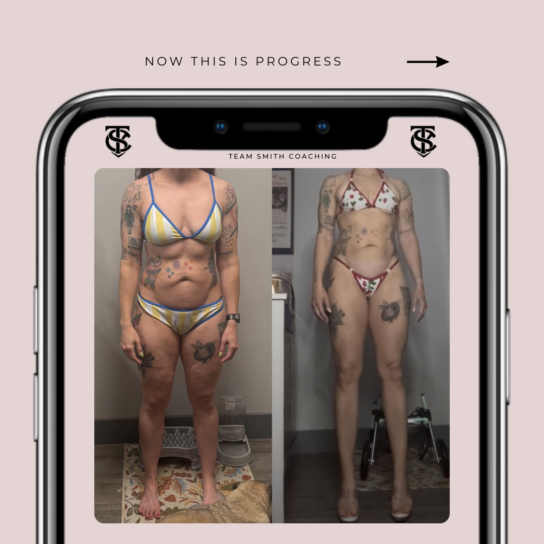 Comparison photo of a woman in a bikini before and after body transformation, displayed on a phone screen with coaching label and progress indicator.