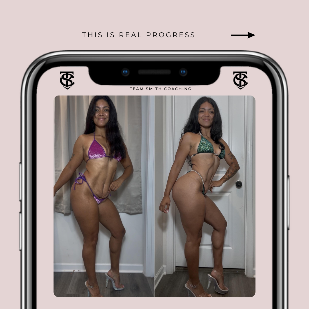 Side-by-side before and after photos of a woman in a green bikini, showing fitness progress, displayed on a smartphone screen with branding and text indicating coaching progress.