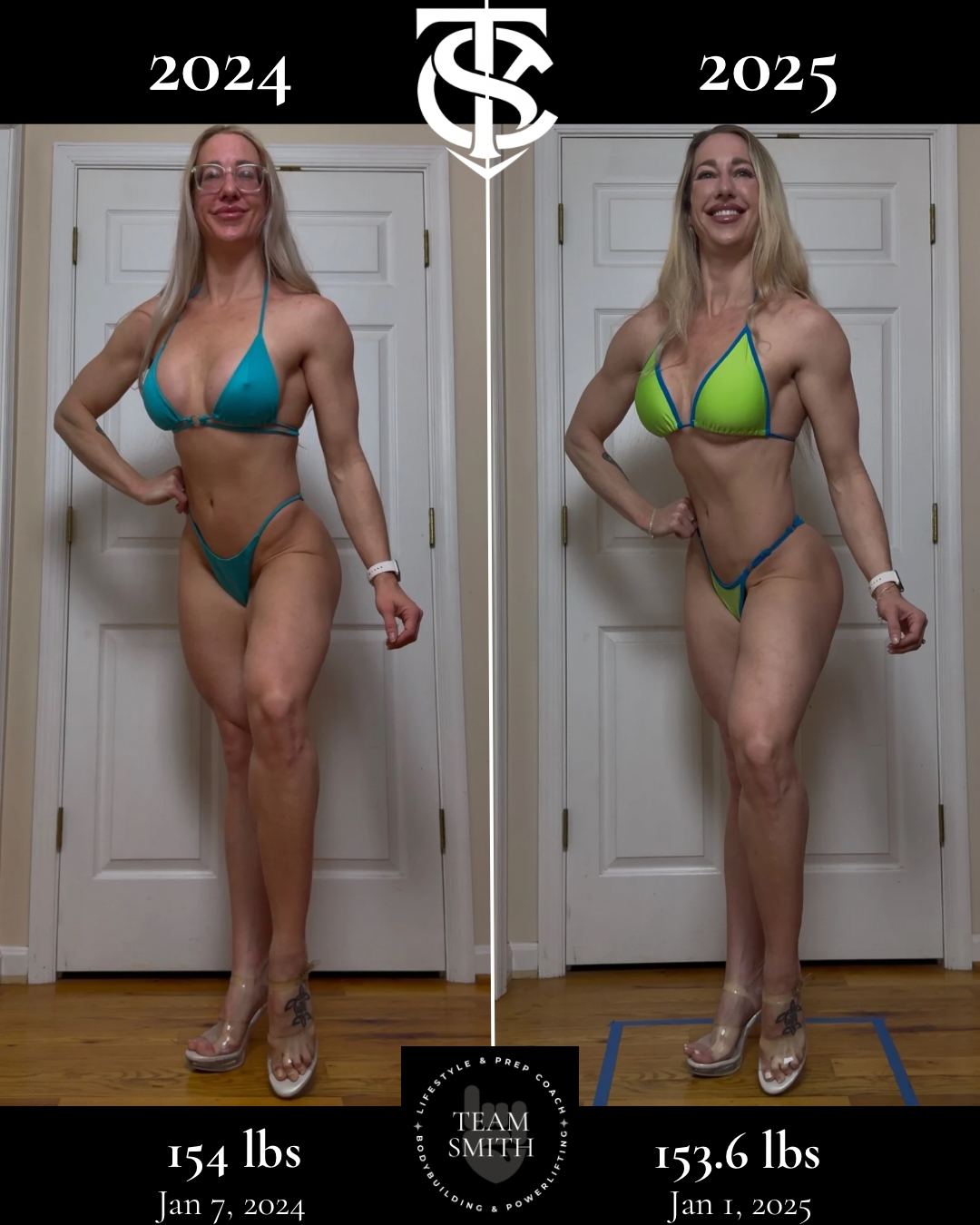 Comparison photograph of a woman showing weight loss progress, with side-by-side images labeled 2024 and 2025. The woman is in a similar pose in both images, wearing a bikini and high heels, standing in front of a white door. Her weight is 154 lbs in