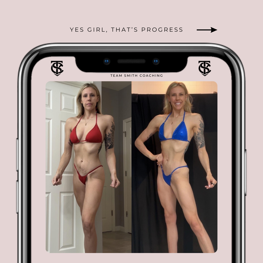 Comparison photo of a woman before and after fitness transformation, wearing bikinis, with text indicating progress coaching.