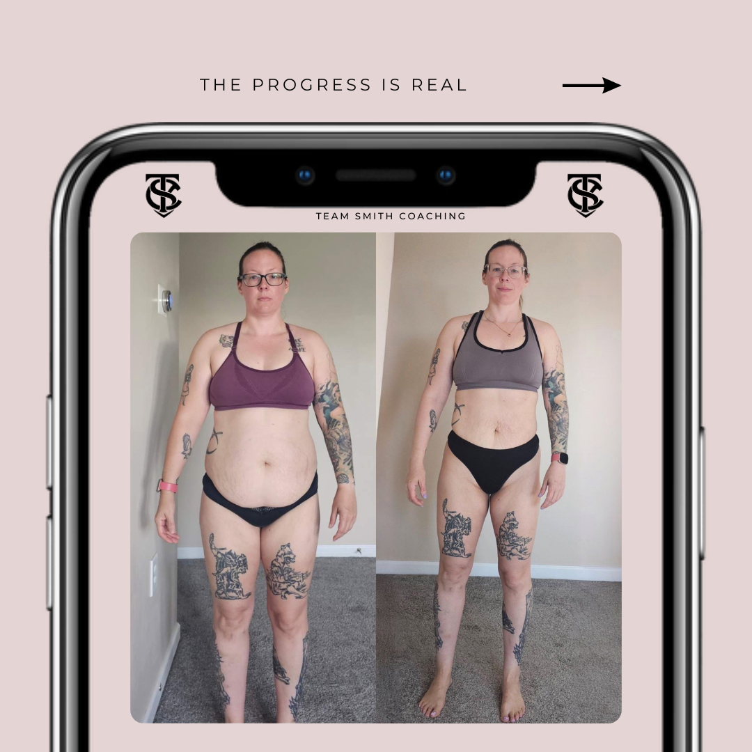Before and after photos of a woman showing her fitness progress, with a text overlay saying 'The progress is real' and a coaching brand name 'Team Smith Coaching'.