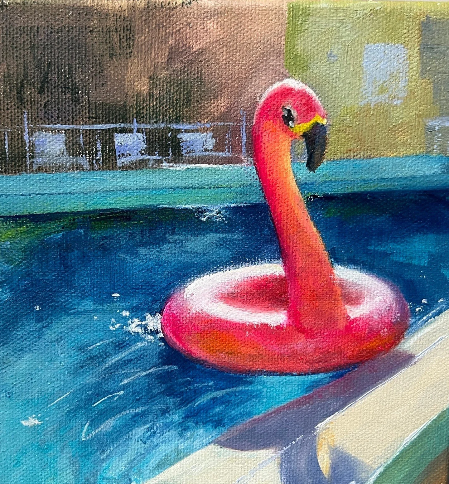 Little baby study headed to the fundraiser for the NAWAFL Member&rsquo;s exhibit starting  March 26. Larger version coming soon&hellip;
.
.
.
#pooltoy #pinkflamingo #poolart #floridaartist #nawafl #michaelannbellerjeau