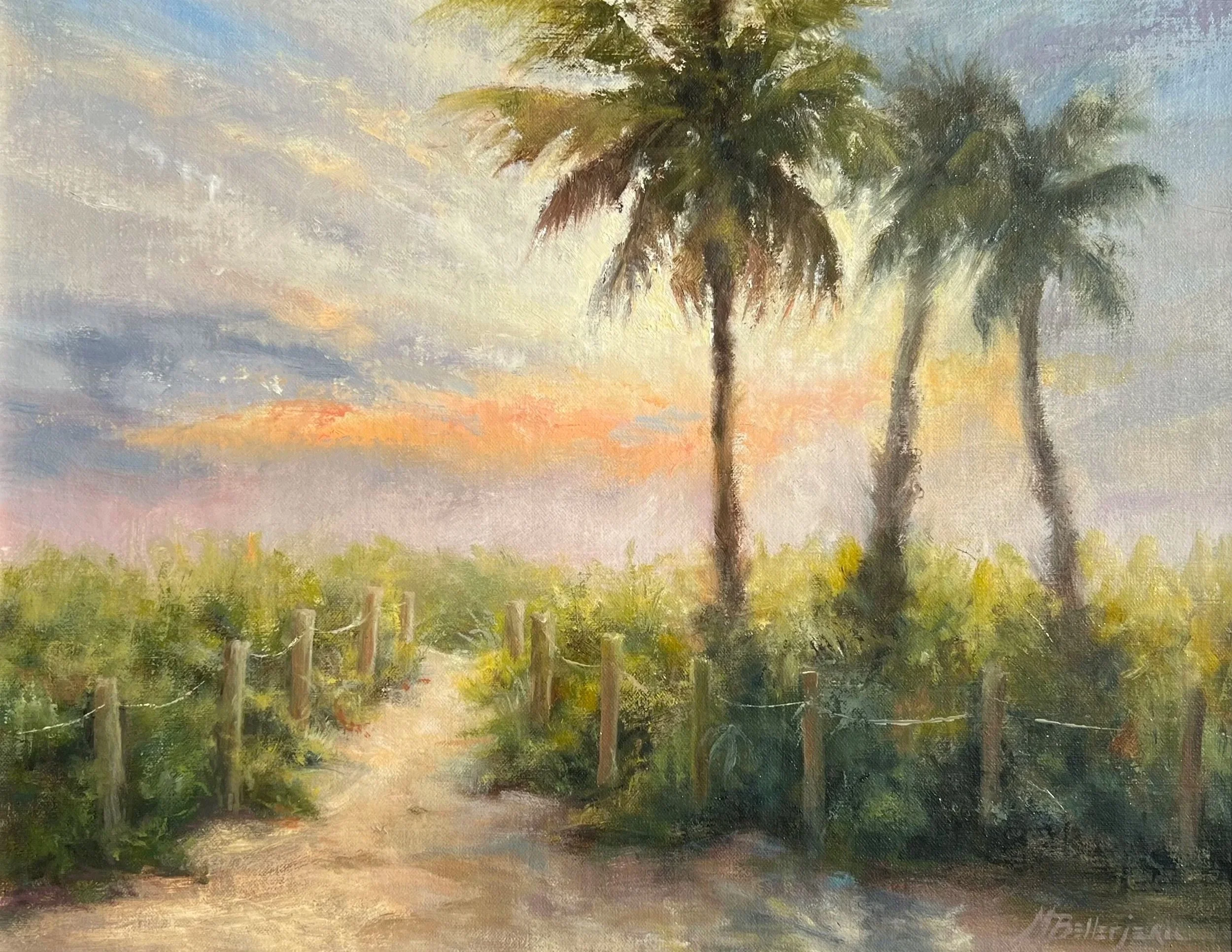 A painting by Michaelann Bellerjeau of a scenic path leading through a coastal area with three tall palm trees and a colorful sky during sunrise or sunset.