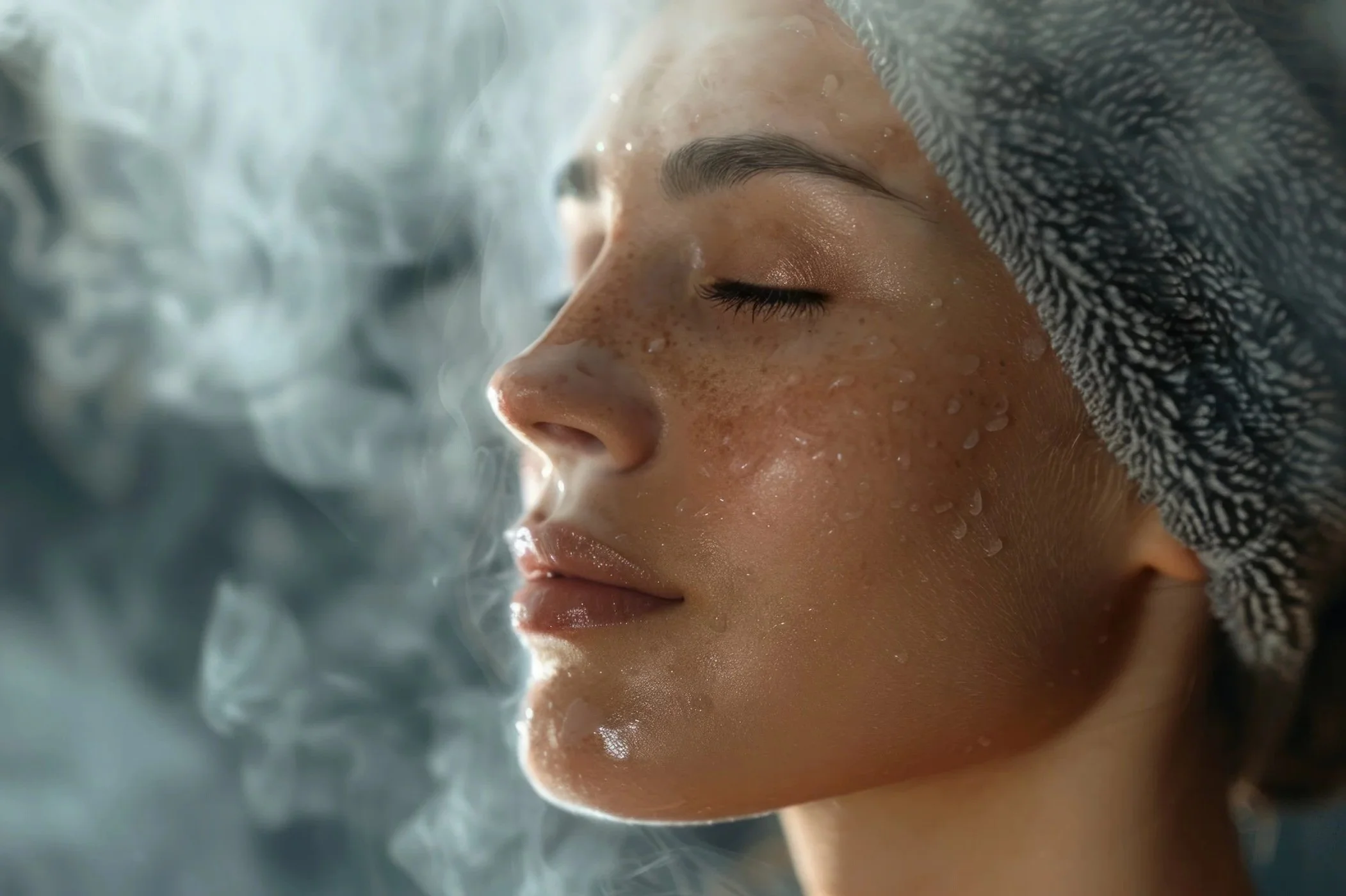 Close-up of a woman with her eyes closed, wearing a gray head cloth, with water droplets on her face and steam or fog around her, suggesting she is in a steam room or sauna.