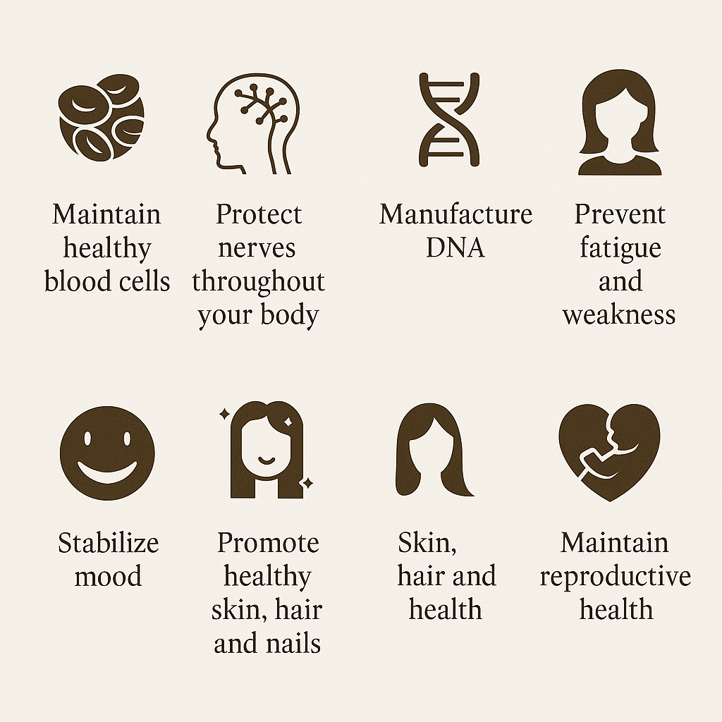 Icons and text outlining health benefits: maintain healthy blood cells, protect nerves throughout your body, manufacture DNA, prevent fatigue and weakness, stabilize mood, promote healthy skin, hair and nails, skin, hair and health, maintain reproductive health.