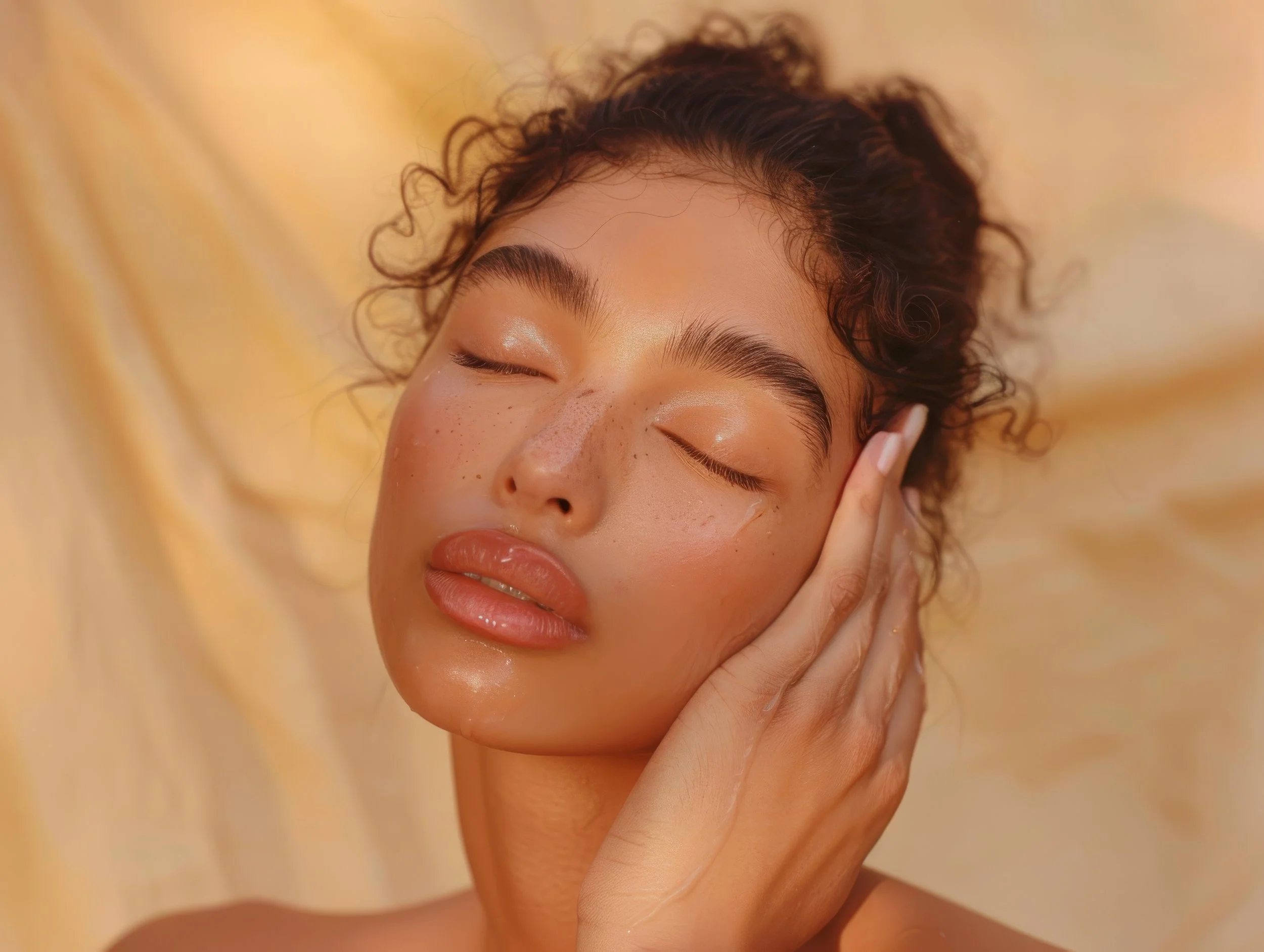 A woman with curly hair and closed eyes touching her face gently, highlighting her clear, glowing skin and natural makeup in a soft, warm light.