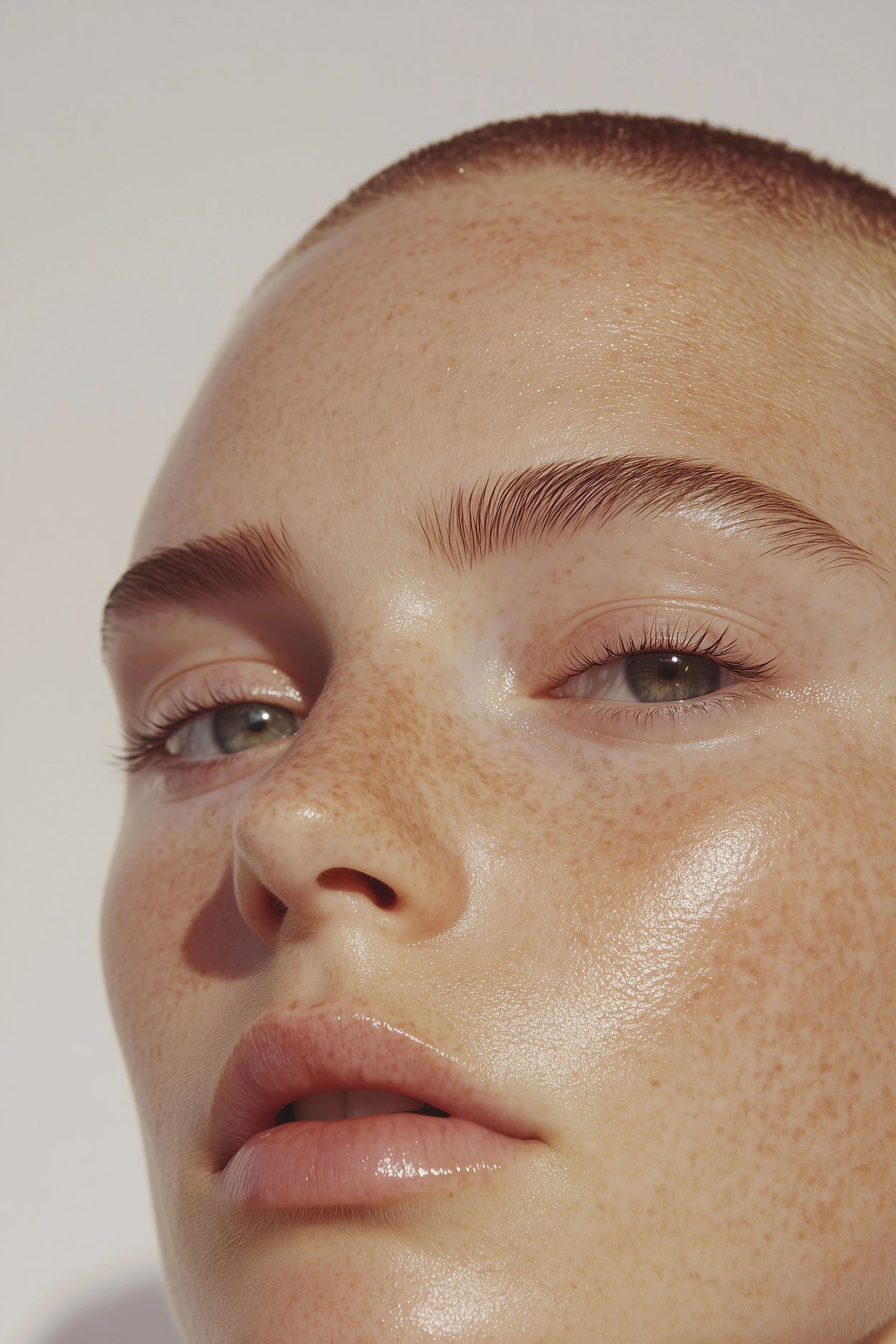 Close-up of a person's face with a shaved head and light freckles, showing natural skin texture and slightly parted lips.