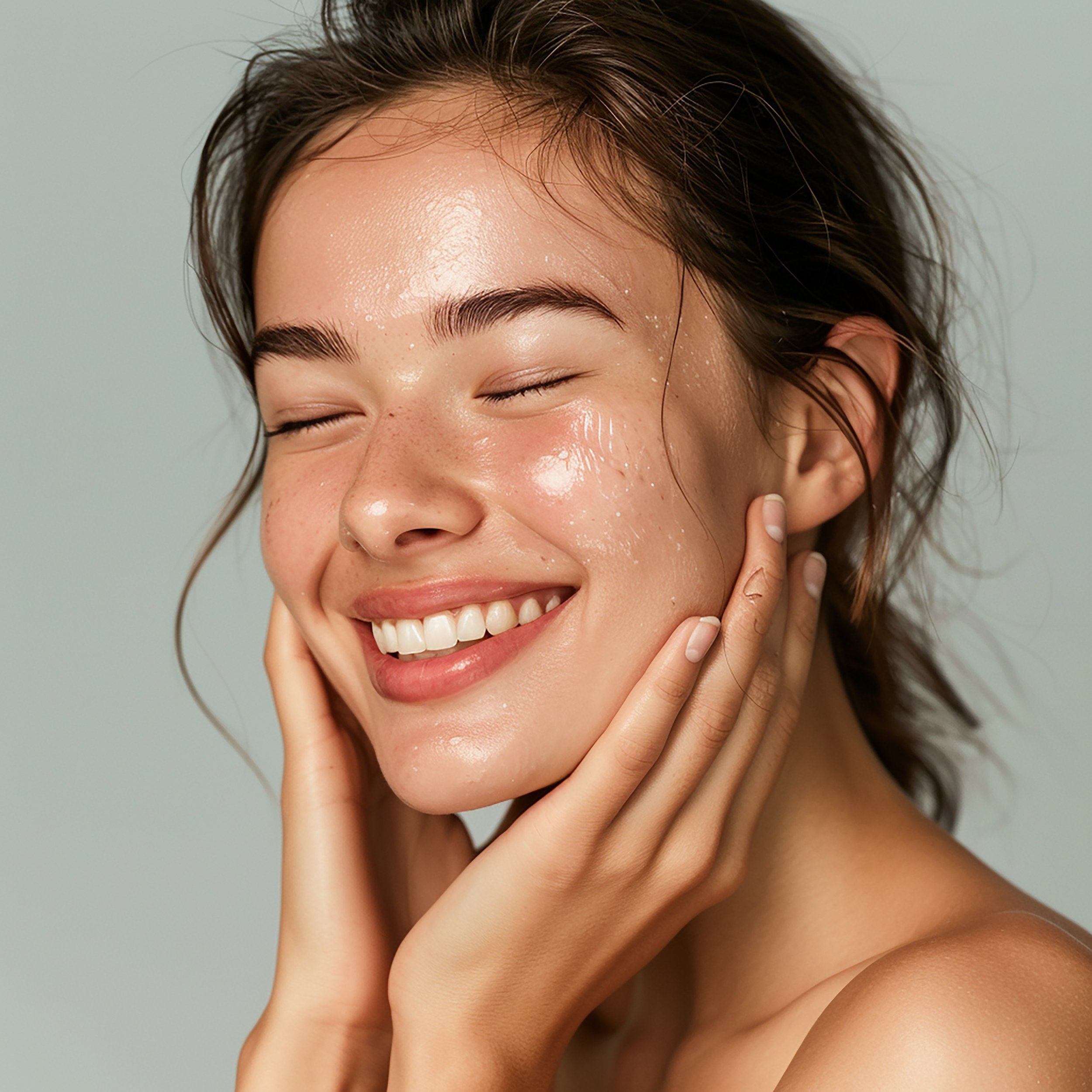 Close-up of a smiling woman with wet skin, closed eyes, and slightly tousled hair, touching her face with both hands, against a soft, neutral background.