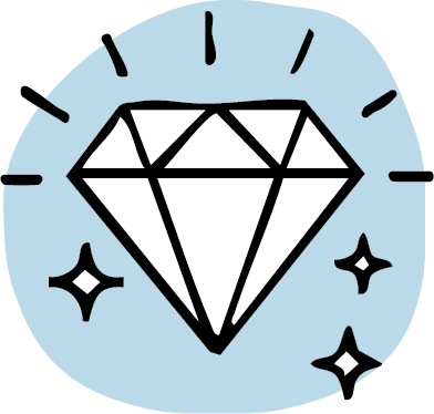 A stylized diamond with sparkles on a light blue background.